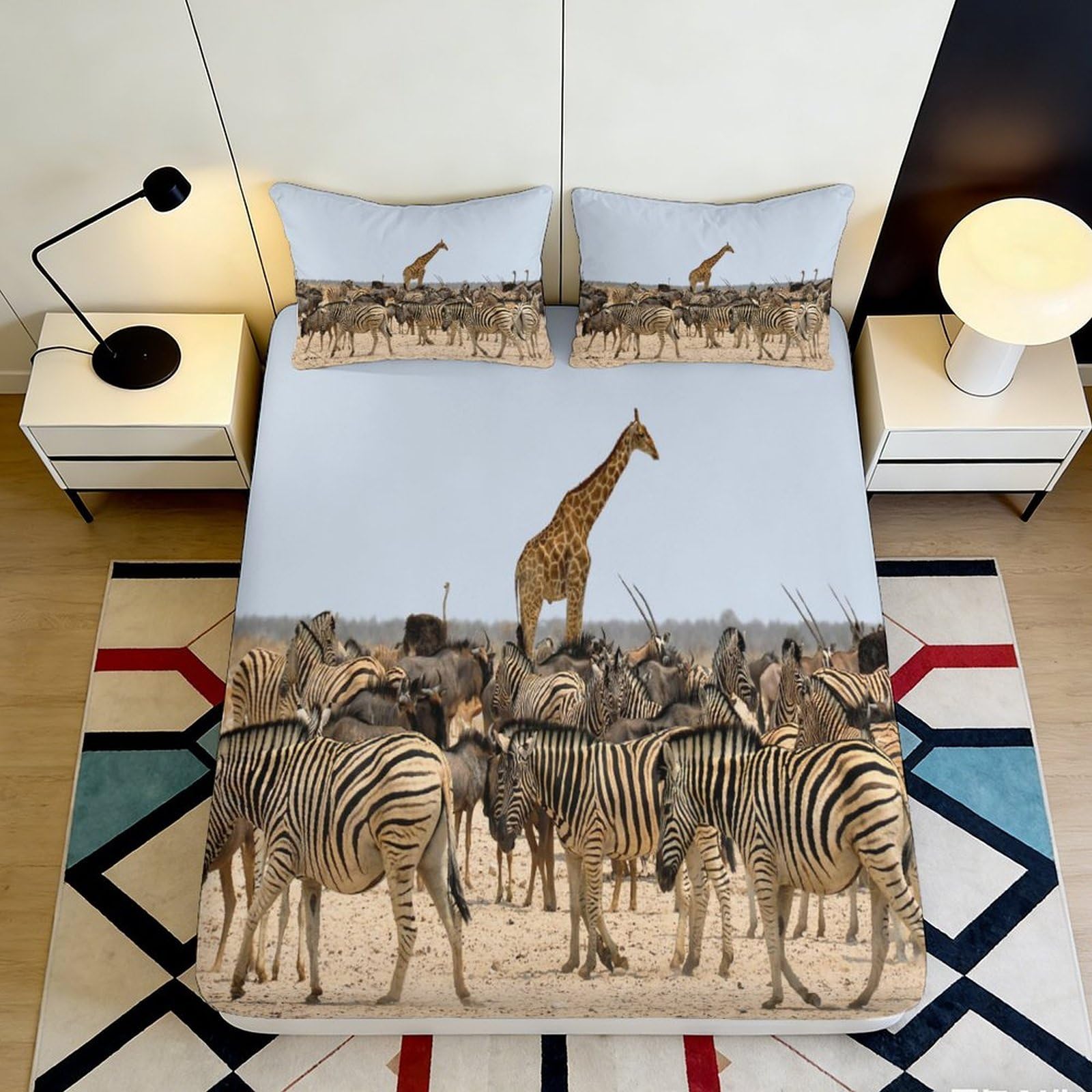 3D Printed Giraffe Safari Fitted Sheet Microfiber Soft Anti-Slip Zebra Mattress Cover Bedroom Guestroom Decor 200x200x25cm