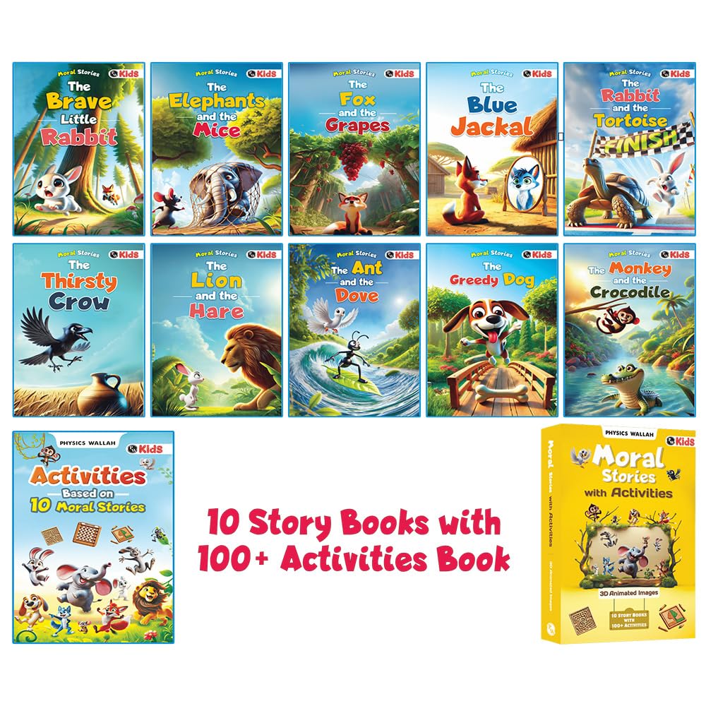 Set of 10 Moral Story Book for Kids with 100+ Activities Book, Short Illustrated Stories with 3D Animated Images, Story Book for Kids 3-5 Years