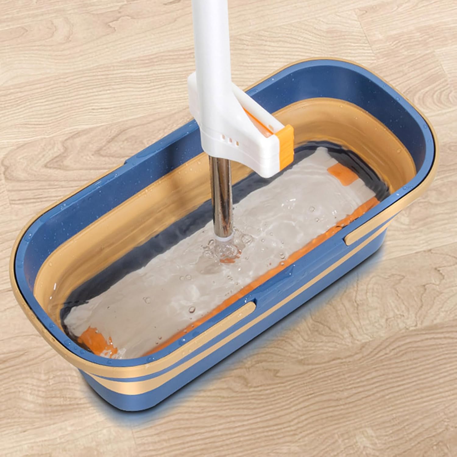 Flat Squeeze Mop with Foldable Bucket, Handle, Wheel & Microfiber Pads - Portable Cleaning Set, Blue
