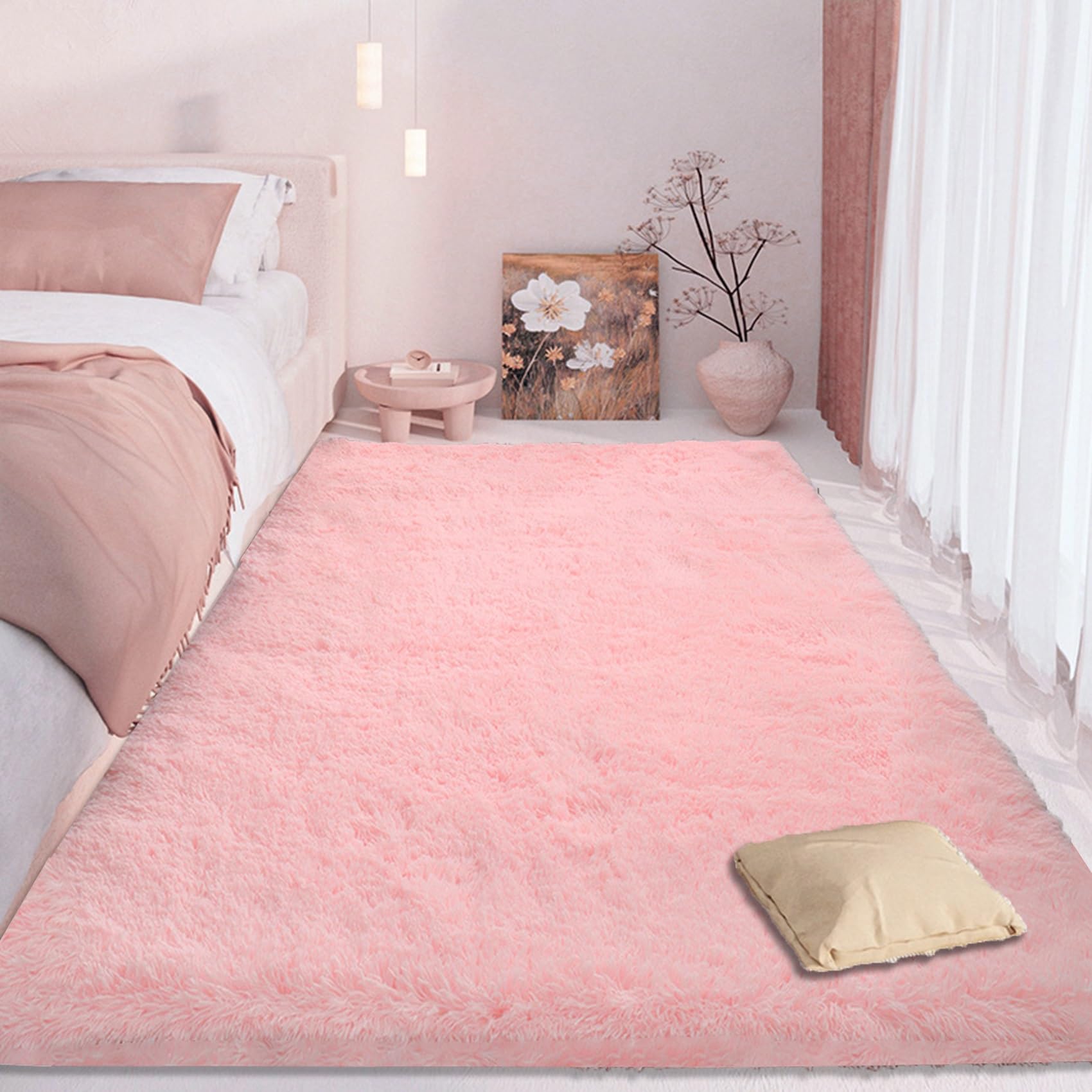 Tapis descente de lit chambre adulte grand format shaggy rose 140x270