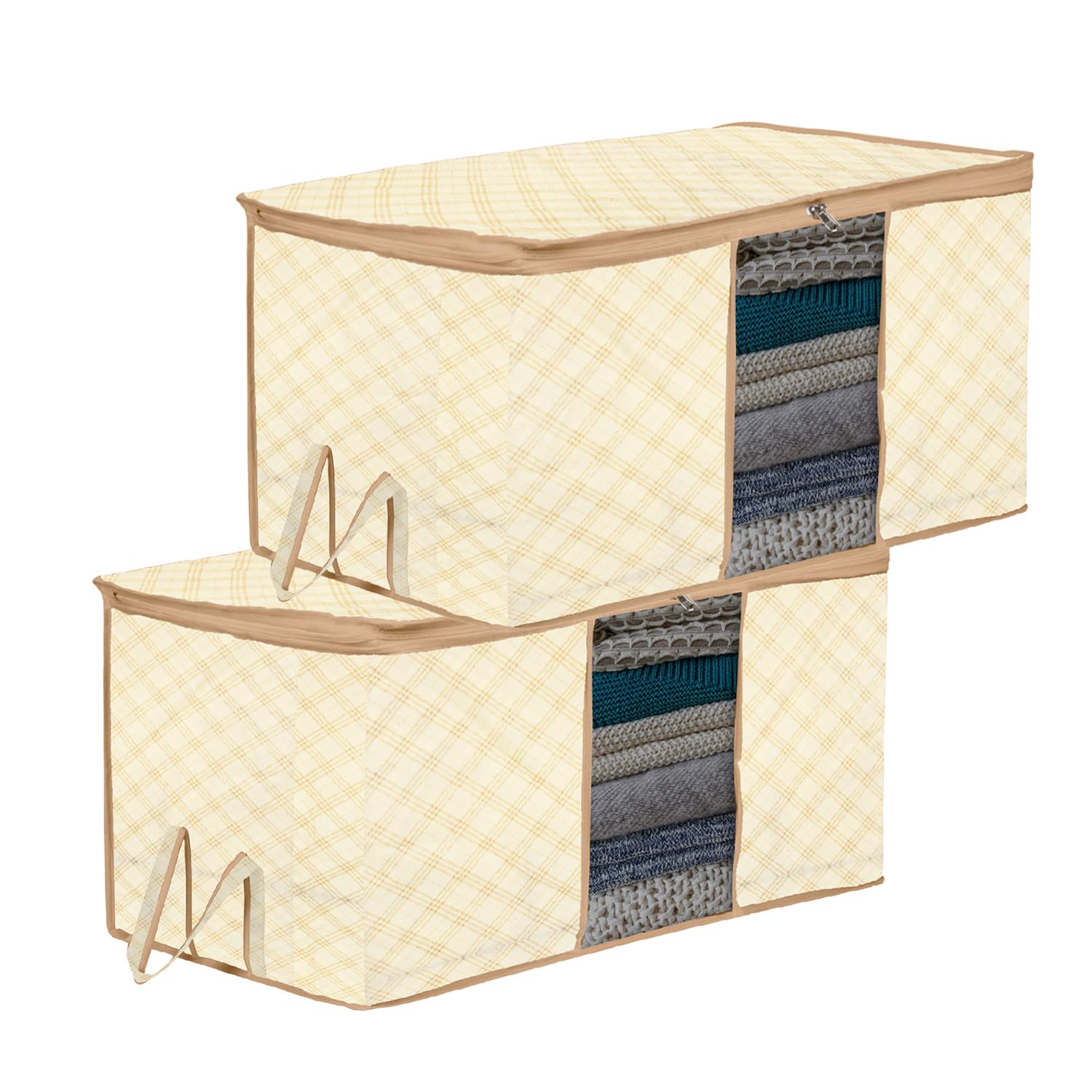 Kuber Industries Underbed Storage Bag | Clothes Storage Bag | Blanket Cover with Clear Window | Zipper Closure & Handle Cloth Organizer | Check-Design | Large | Pack of 2 | Cream-image-45