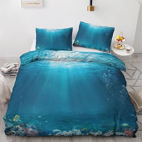 zcwl Funda de edredón tamaño matrimonial con diseño oceánico, juego de cama subacuático, 3 piezas, funda de edredón con patrón de microfibra suave