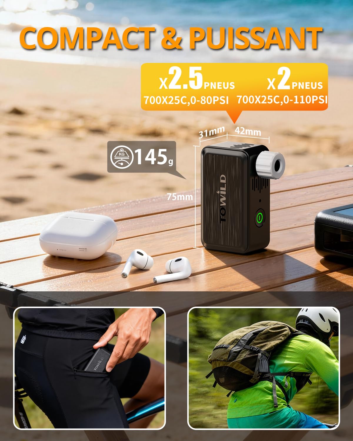 TOWILD A05 Pompe À Vélo Électrique avec Lumière LED, Max 130 PSI Mini Compresseur d'air avec Valves Presta et Schrader Pompe Portable avec Batterie Intégrée 2×400 mAh, Rechargeable USB-C