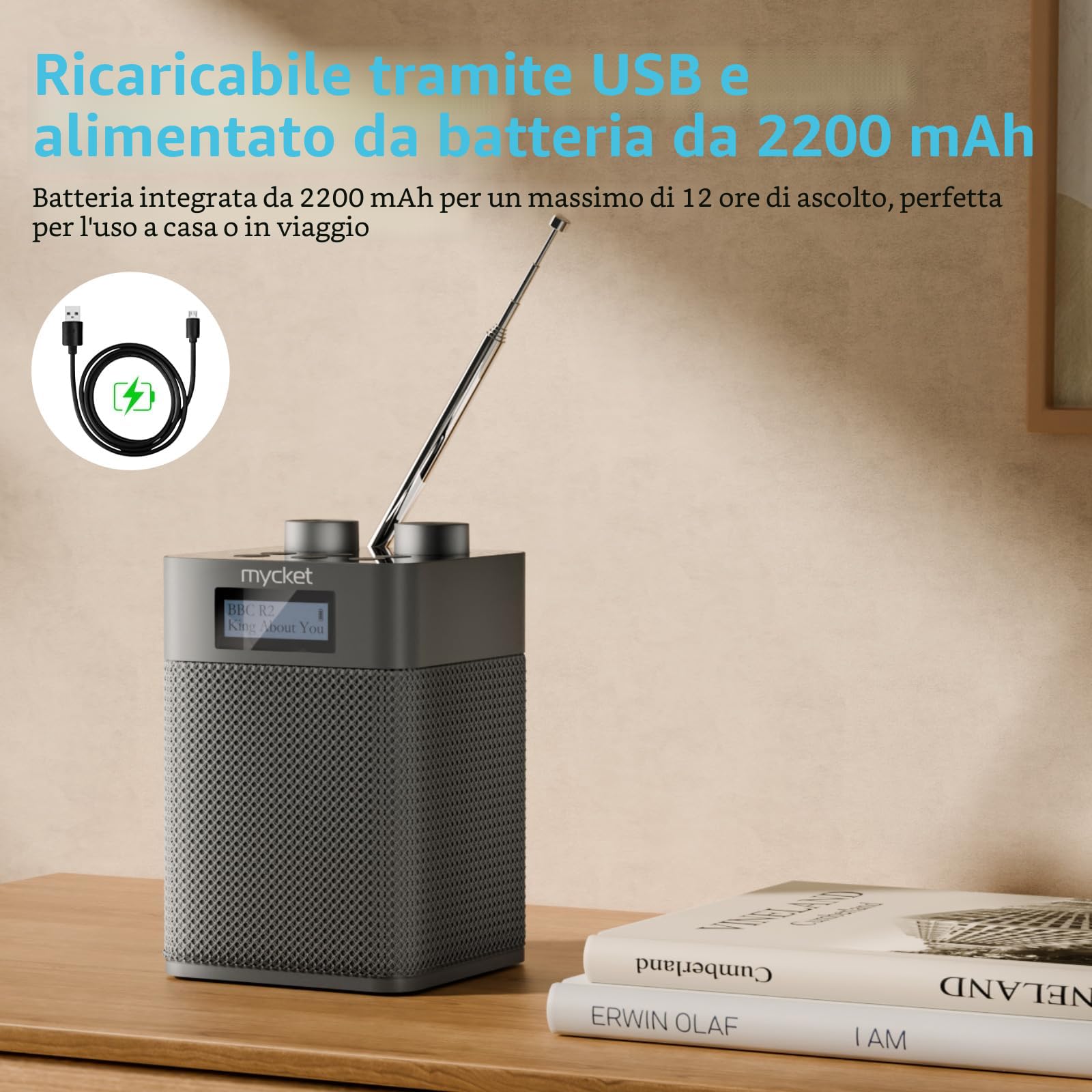 Mycket Dab/Dab+ Radio Digitale e FM, Radio Alimentata a Batteria Integrata da 2200 mAh, Ricaricabile Portatile DAB Radios con Bluetooth/U, 80 Stazioni Preimpostate, Ingresso Cuffie, LED Display