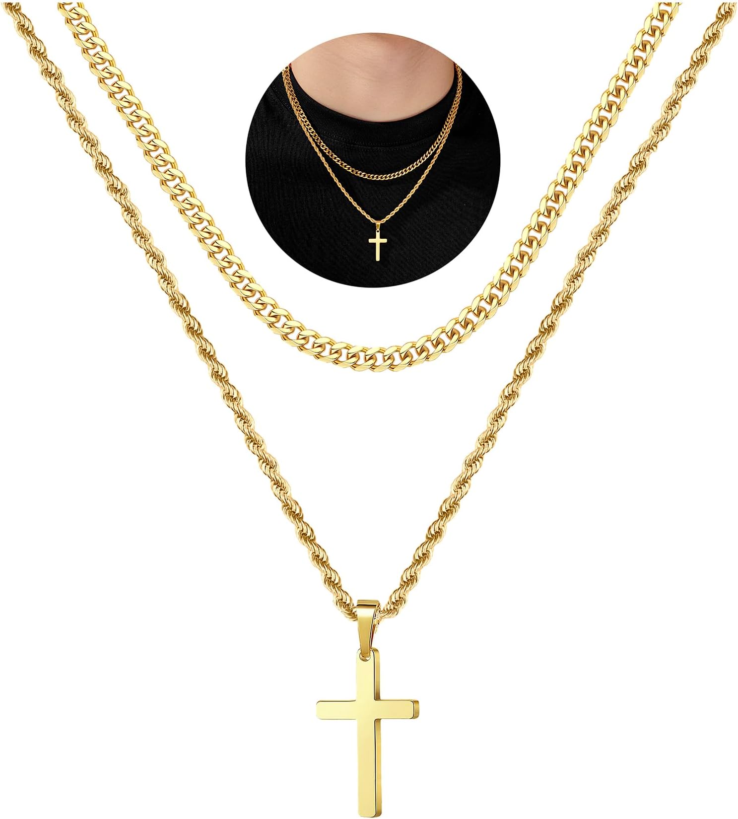 Cross Necklace for Men, Gold Black Silver Mens Cross Necklaces Stainless Steel Cross Pendant Necklace Simple Jewelry Gifts Cross Chain Necklaces for Men