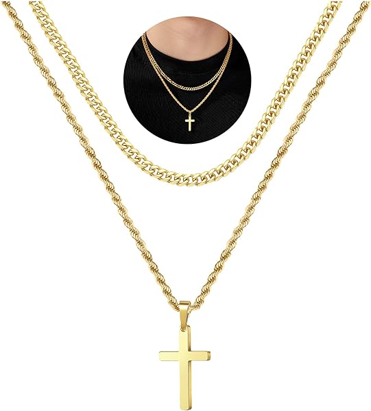 Yooblue Cross Necklace for Men, Gold Black Silver Mens Cross Necklaces Stainless Steel Cross Pendant Necklace Simple Jewelry Gifts Cross Chain Necklaces for Men