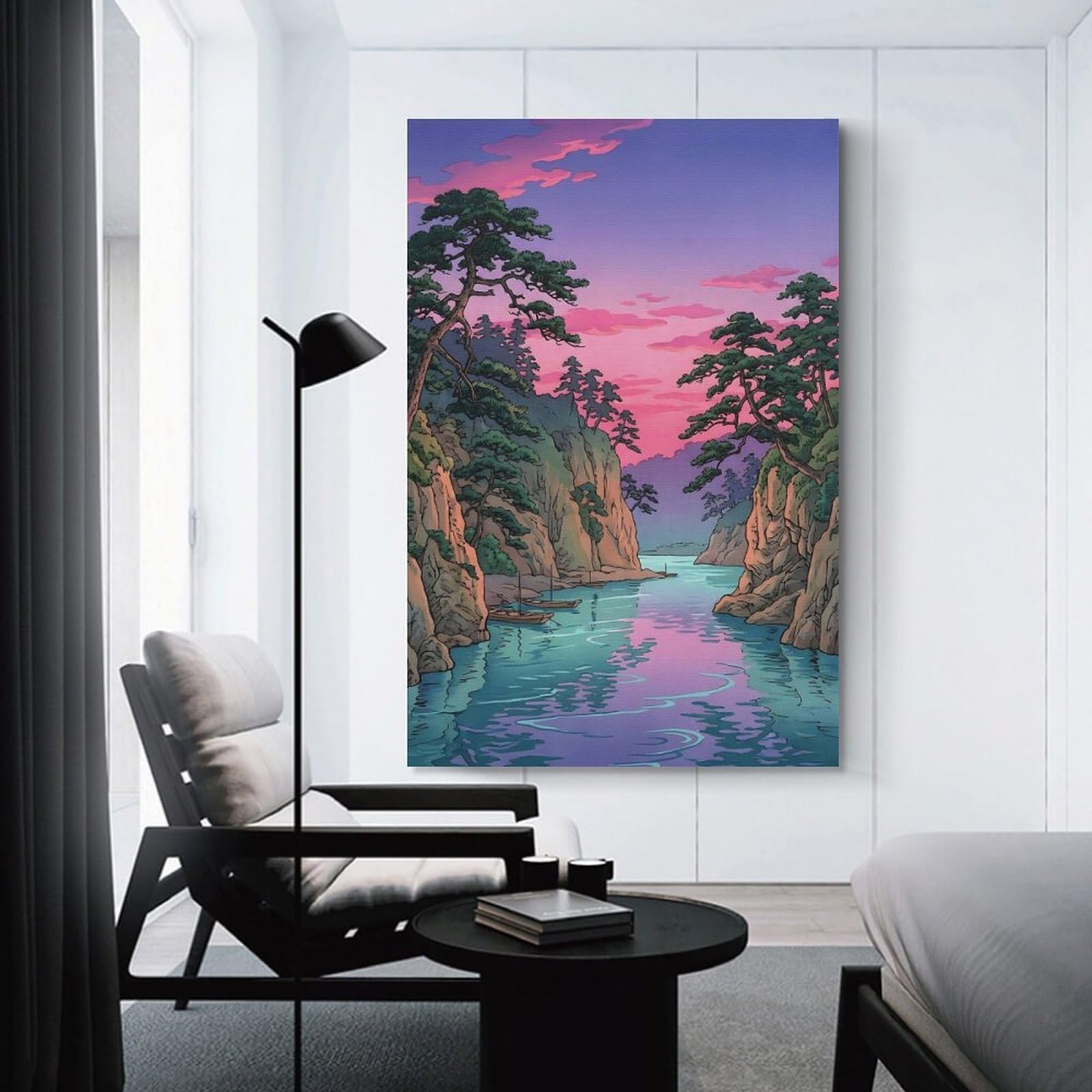 Junmoney Serene River Landscape at Sunset Canvas Art Print, 24x36inch(60x90cm), for Restful Interiors, Bedrooms Or Small Rooms, A Warm Accent for Relaxed Interiors