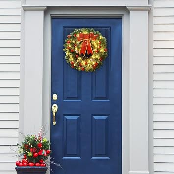 Juegoal 16 Inch Pre-Lit Christmas Wreath with Metal Hanger, Large Red Bow and Colored Balls, Battery Operated with Warm White 40 LEDs Lights, Front Door Spruce Lighted Wreath X-max Decorations