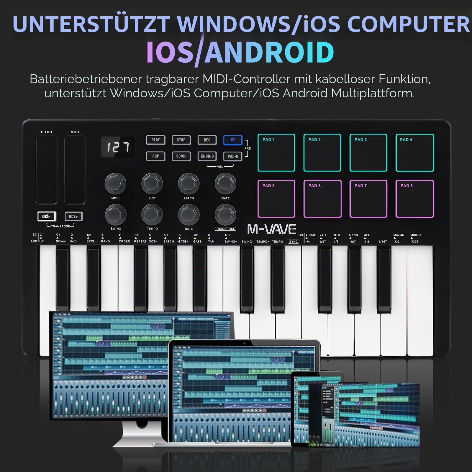 M-VAVE Mini 25-Tasten-MIDI-Tastatur, Steuerungstastatur, Musik-Arranger-Tastatur, elektronisches MIDI-Keyboard, Controller-Pad, SMK-25, schwarz und weiß, eingebauter Akku