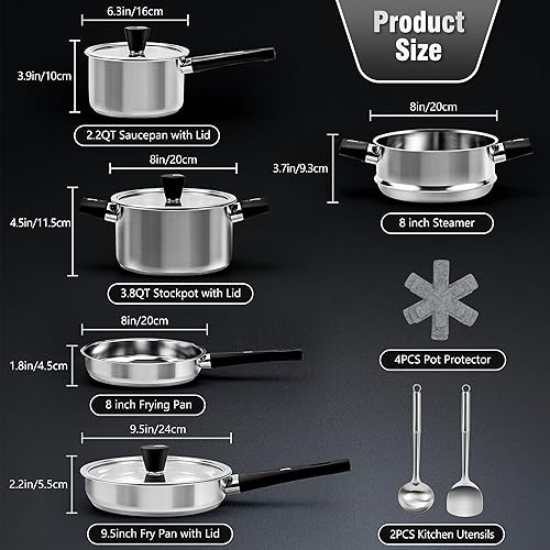Miniatura 2 de Juego de utensilios de cocina de acero inoxidable, juego de ollas y sartenes de 14 piezas, juego de sartenes de cocina con mango que se mantiene