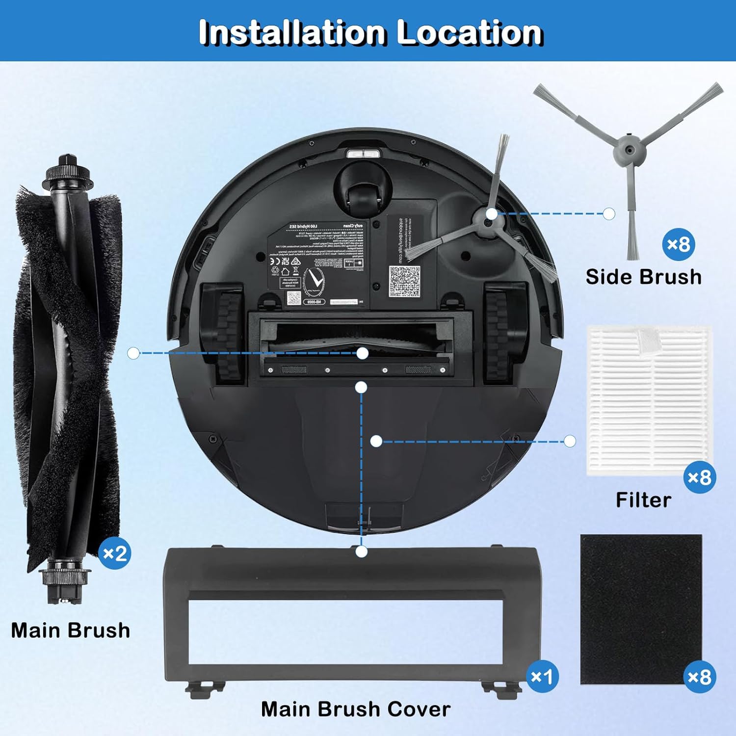 21 Pcs Accessories Kits for eufy L60 & L50 Series Vacuum Robot, Includes 2 Roller Brushes, 1 Main Brush Guard Cover, 8 HEPA Filters, 8 Side Brushes, 1 Screwdriver, 1 Clean Tool