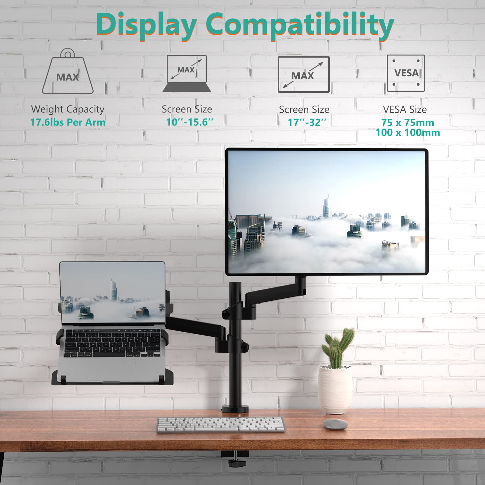 WALI Supporto Per Doppio Monitor E Laptop - Bracci A Molla Gas Con Vassoio, Per Schermi Fino A 32" E Notebook 17", VESA 75/100 - 2