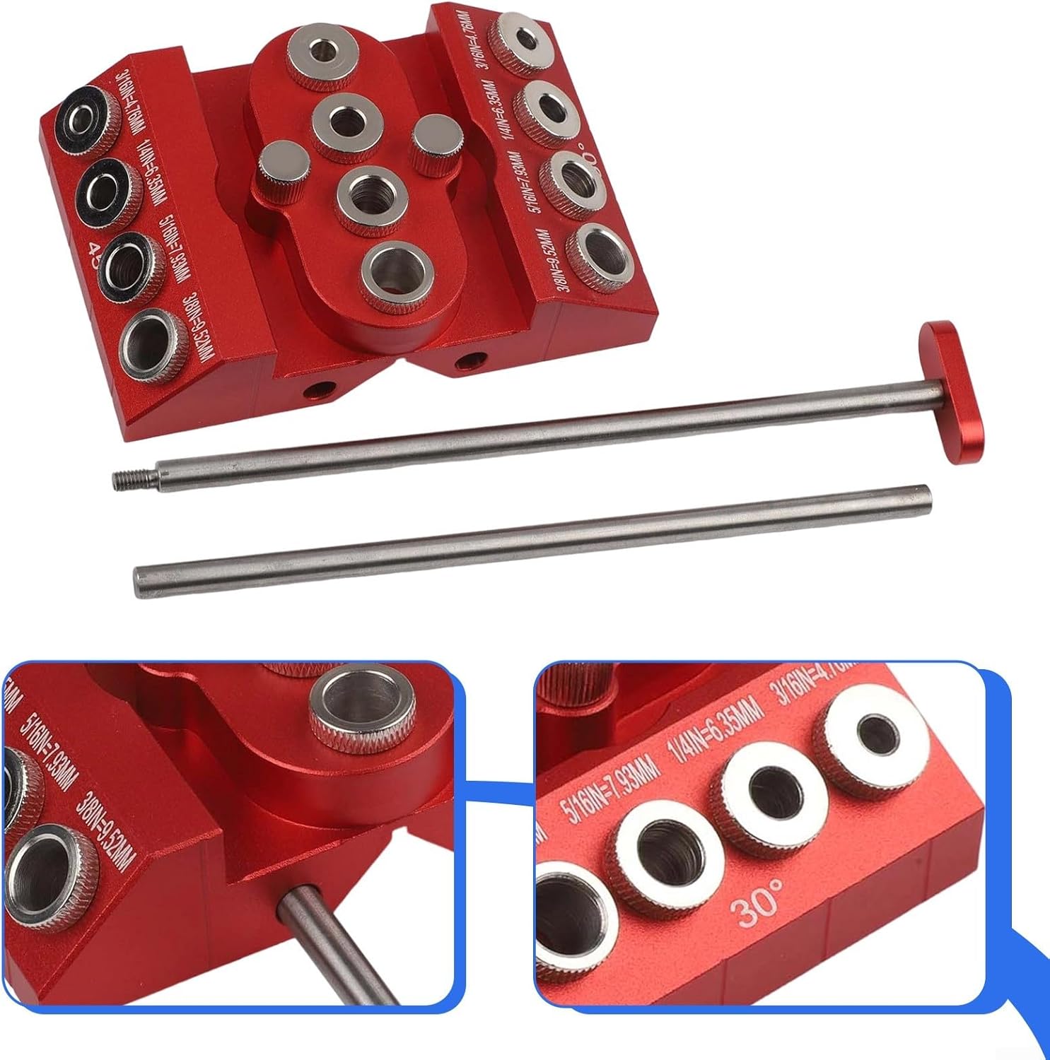 Drill Guide Jig For 30 45 90 Degree Angles, Aluminum Alloy Hole Doweling Jig With Multiple Hole Sizes For Woodworking And Deck Railings