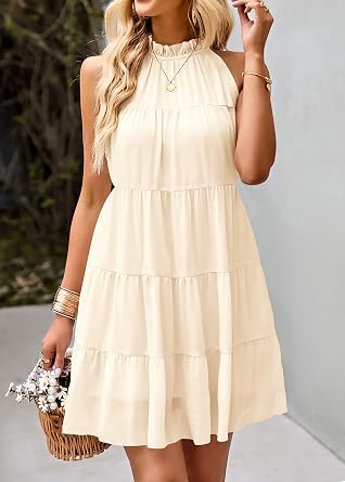 KIRUNDO Summer Sundresses for Women Spring Halter Flowy Babydoll Tiered Pleated Beach Wedding Guest Vacation Cruise Dress