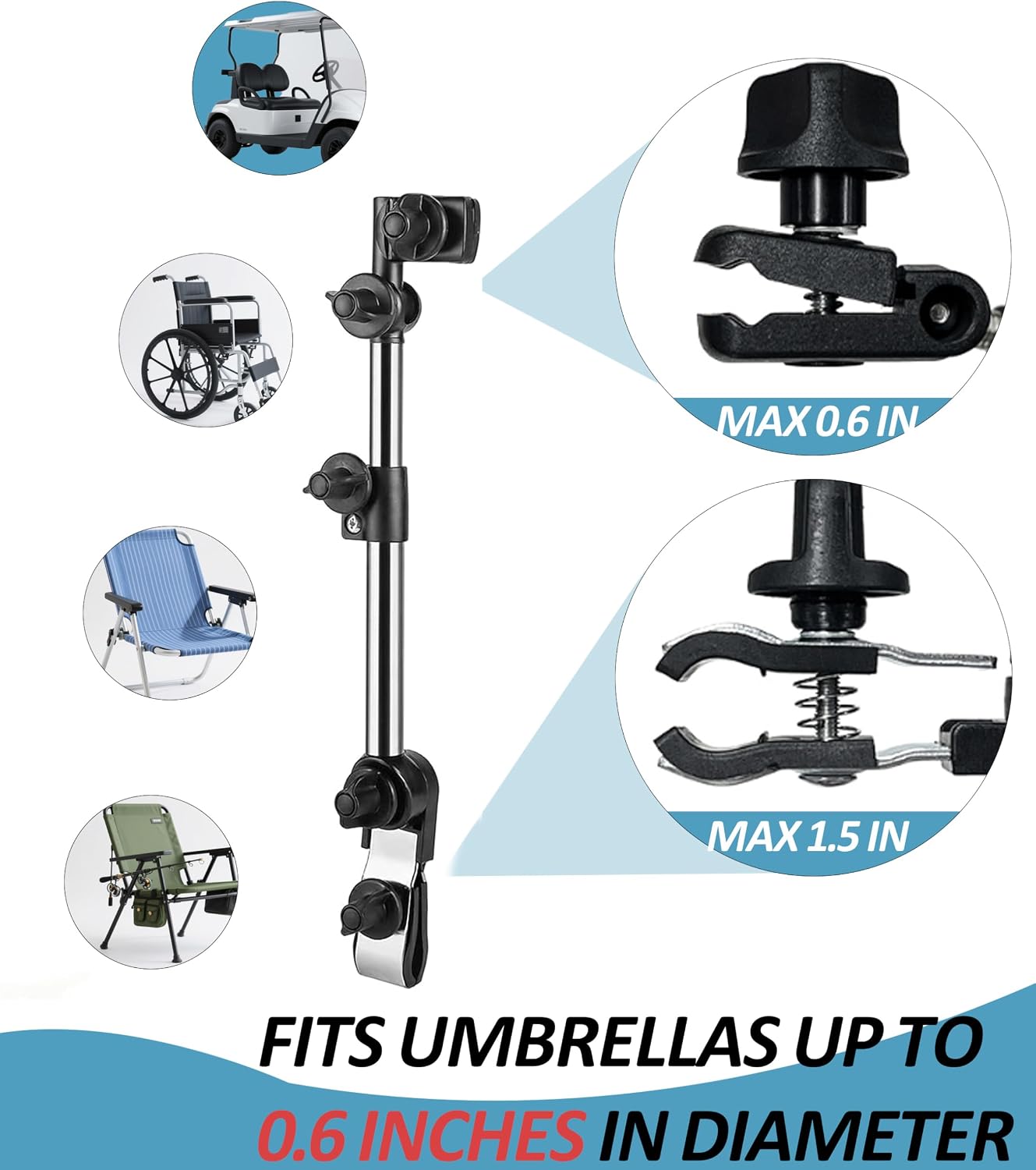 Scalable Chair Umbrella with Universal Clamp, UPF 50 Plus Sun Protection Portable Clip on Shade for Beach Chair Stroller Golf Cart Wheelchair, 360 Degree Adjustable Folding Outdoor Sports Personal Canopy