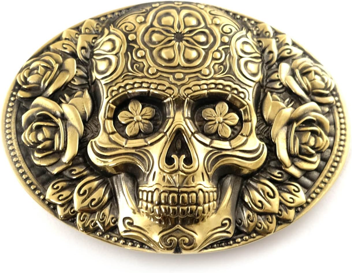 Leather belt with Skull El Día de Muertos belt buckle, The Day of the Dead, Santa Muerte skull solid brass belt buckle on casual leather belt 1.5 or 1.8 inches