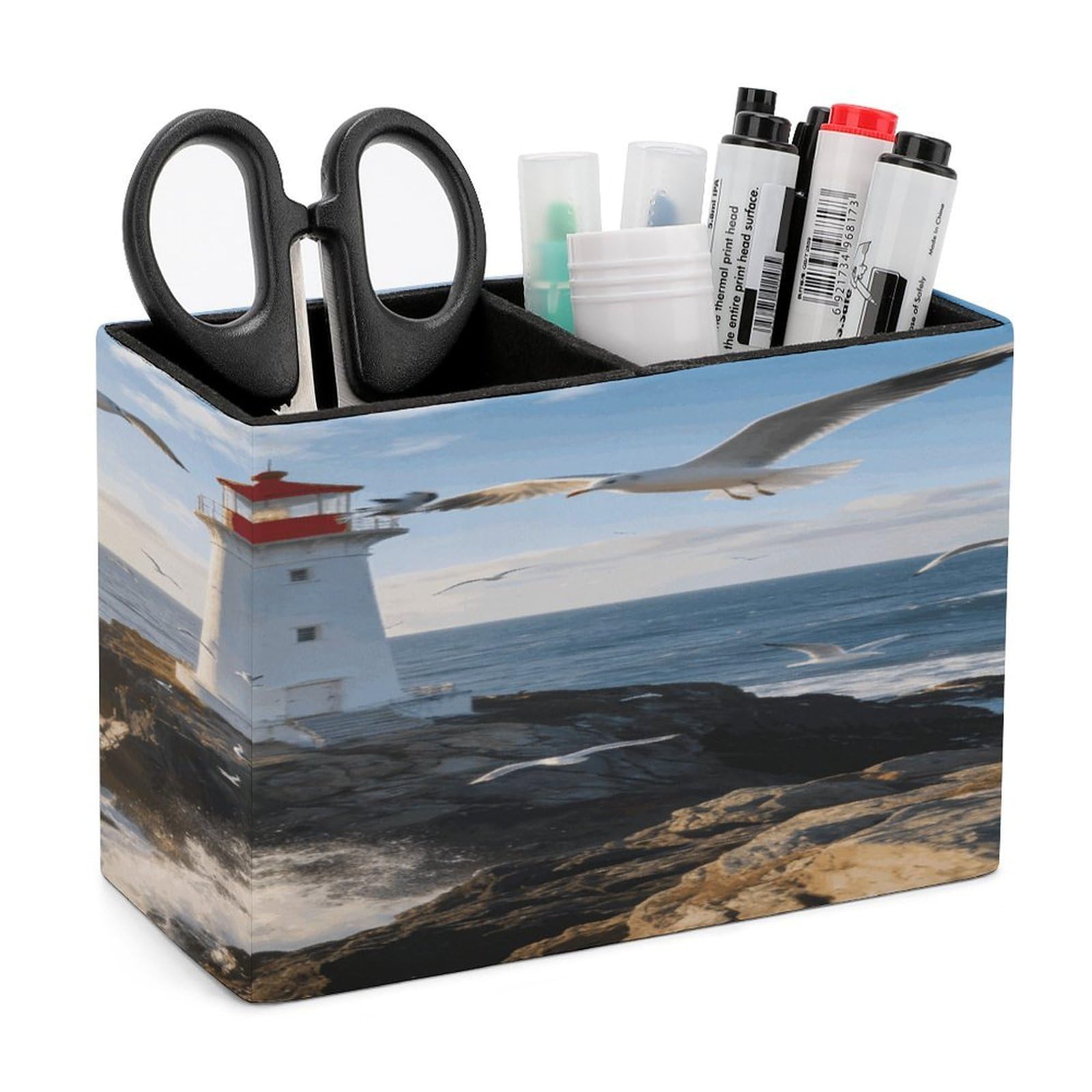 LZQPOEAS Lighthouse Seagull Pen Holder Double Compartments Pen Cup Makeup Brush Holders Leather Pencil Holder Locker Organizer for Work Locker Accessories Modern Pencil Cup for Desk