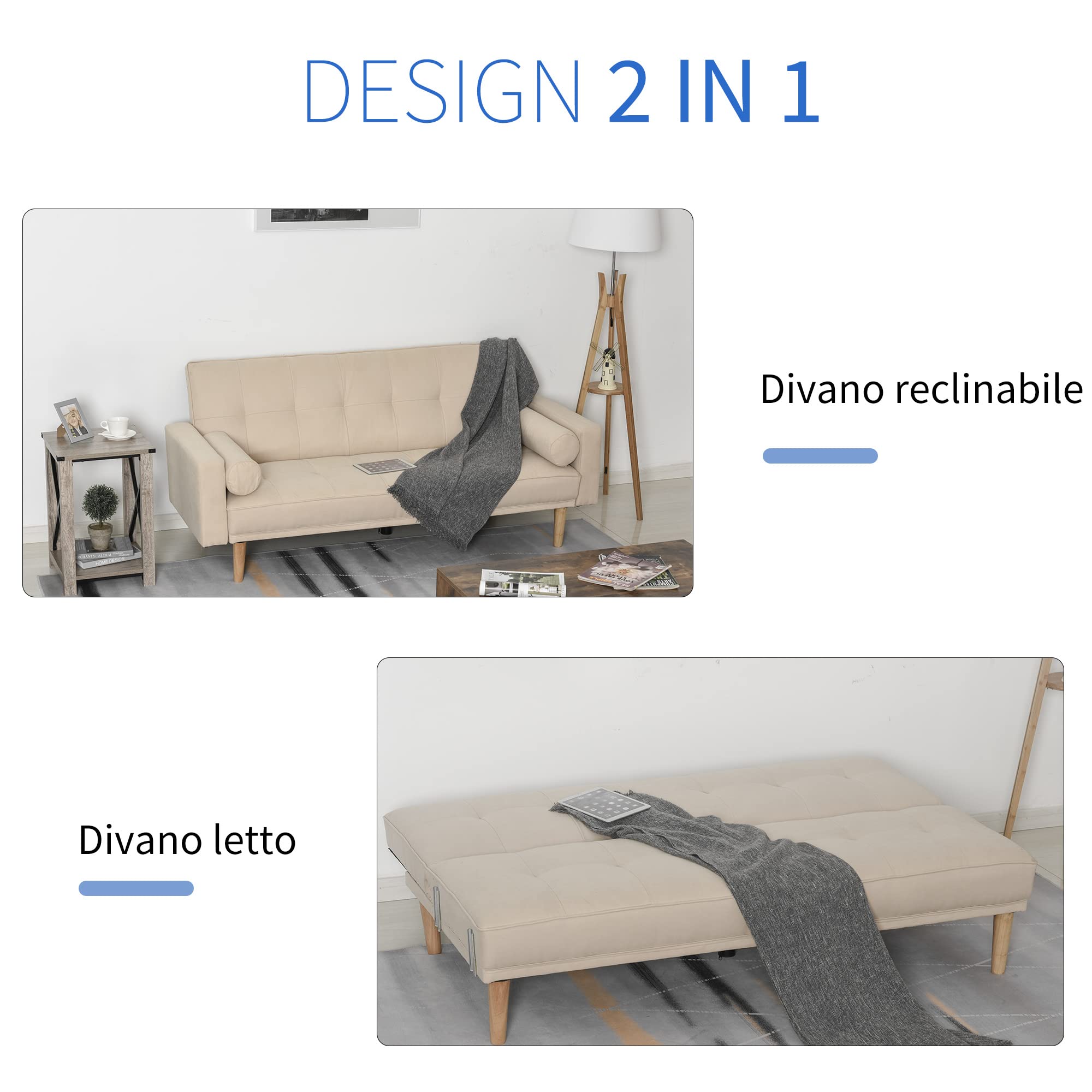 HOMCOM Divano Letto 3 Posti con Schienale Regolabile su 3 Livelli, 2 Cuscini e Braccioli Rimovibili, Beige, 185x84x85cm