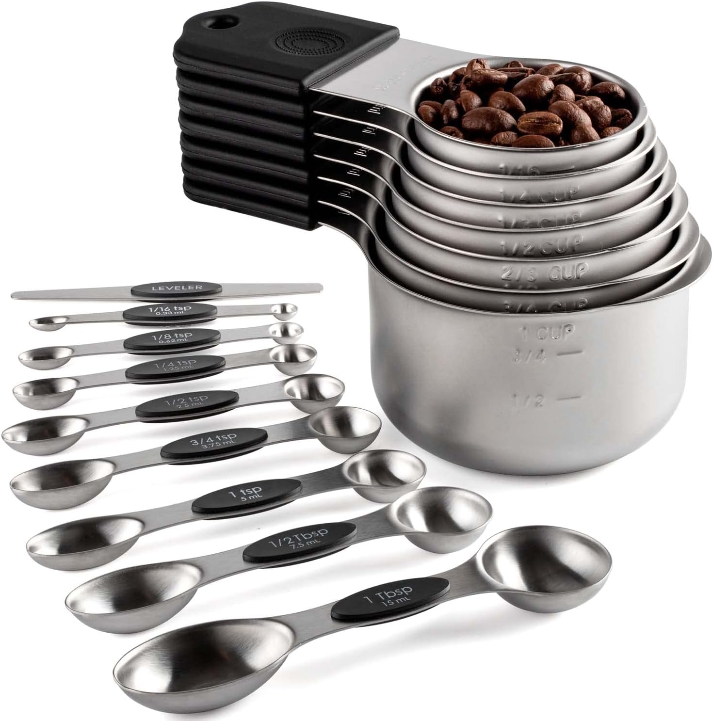 Magnetic Measuring Cups and Spoons Set Including 7 Stainless Steel Stackable Measuring Cup 8 Double Sided Magnetic Measuring Spoons with 1 Leveler for Dry and Liquid Ingredients (black) (Black)