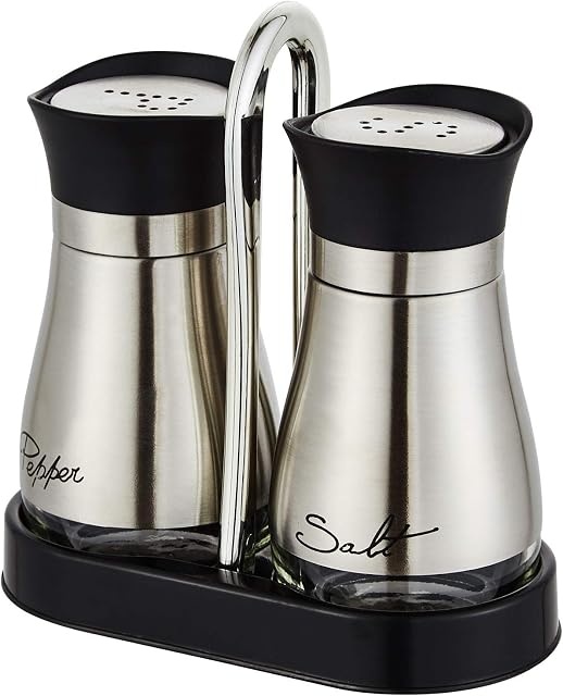 Lonffery Salt and Pepper Shakers Set, Stainless Steel Salt Containers with Glass Bottle for Table, RV, Camp, BBQ, Set of 2