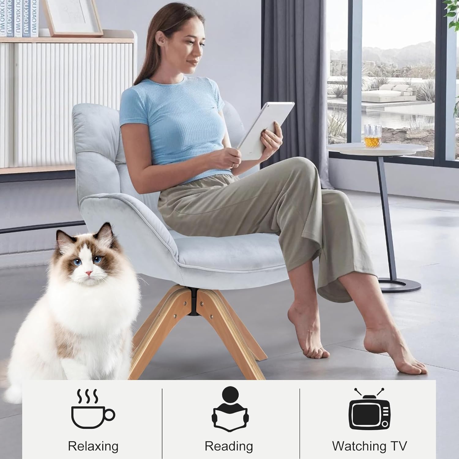 Fabric Accent Chair, Modern Cozy Vanity Chair with Wood Legs, Upholstered Single Boucle Armchair Single Sofa for Living Room Bedroom Office Guest Room Dining Room (Light Grey)