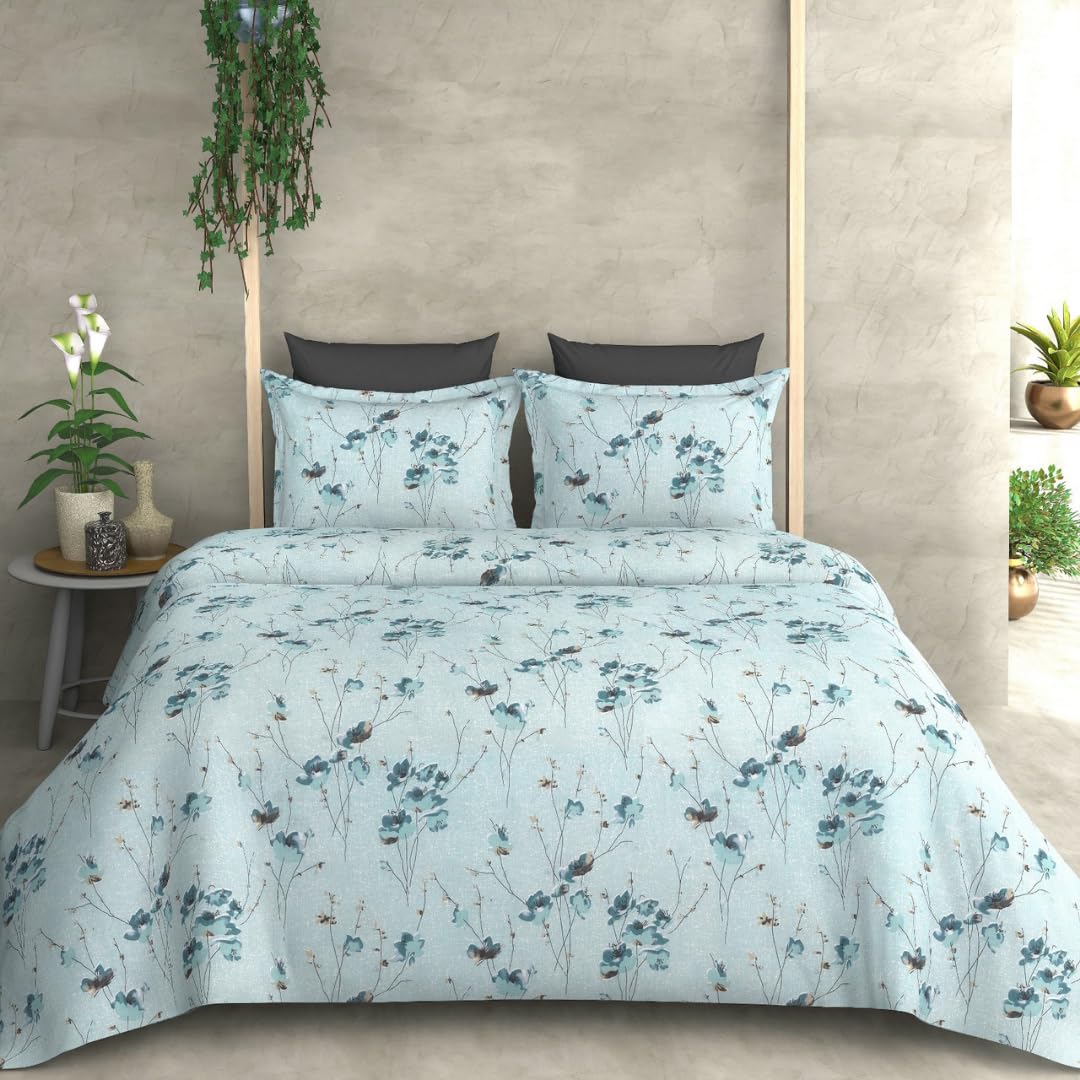 Double Bed Cotton Bedsheet Queen Size 90x100, 100% Pure Cotton Bed Sheet with 2 Pillow Covers, 240 TC Soft Breathable Floral Design – (Blue)