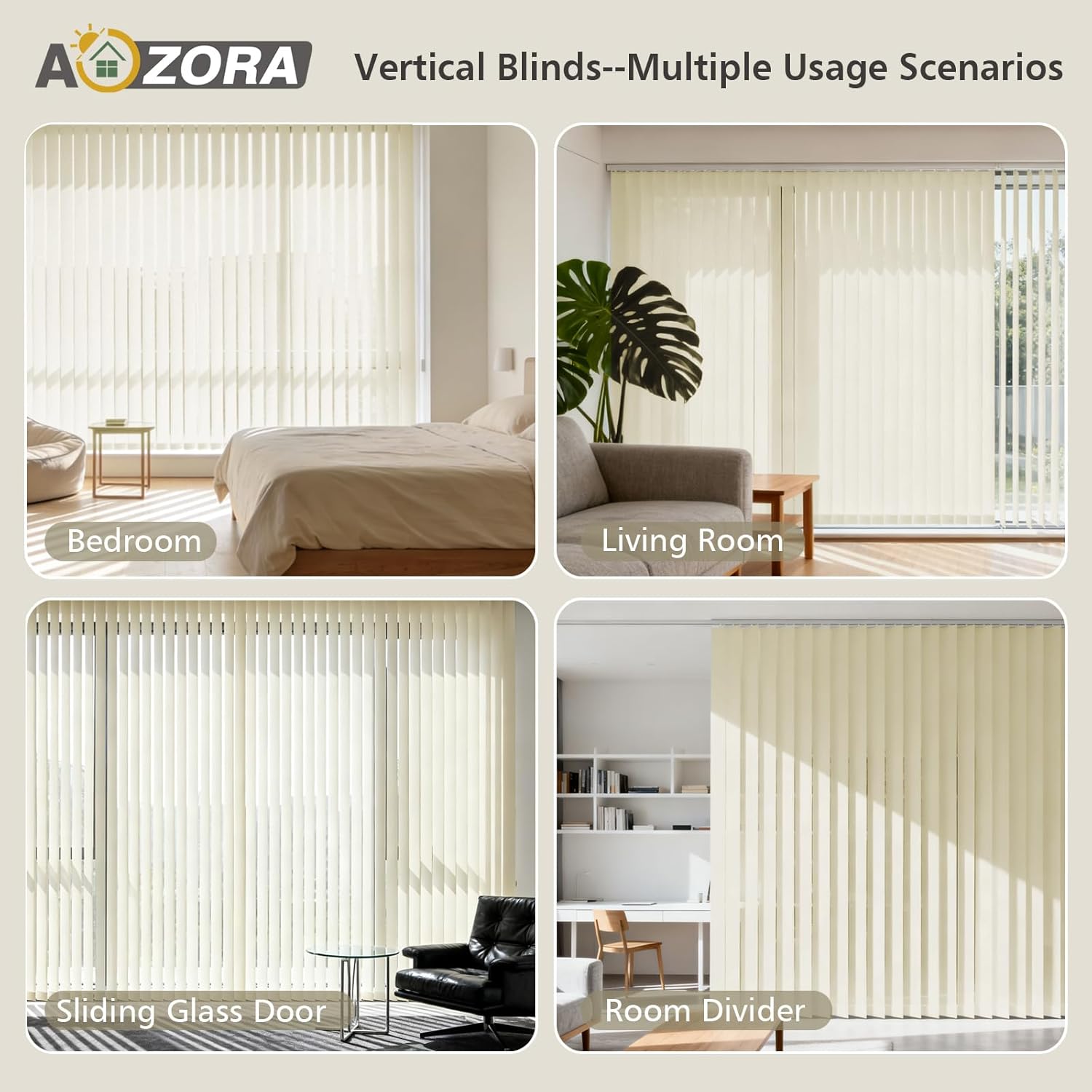 AOZORA Cordless Vertical Blinds, Blackout PVC 3.5 Inch Slats, Wand Control, UV Protection, Privacy Valance Included for Sliding Doors, Office, Living Room, Cream White