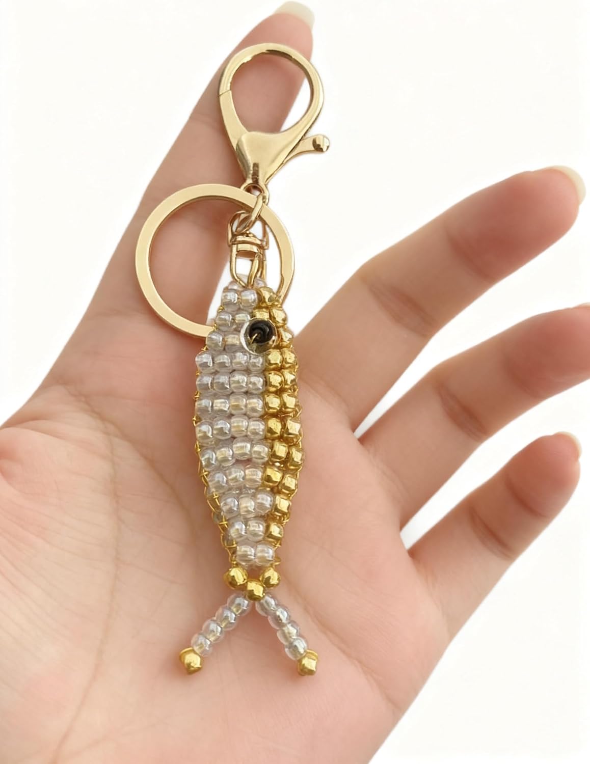 BattleTim Beaded Fish Keychain Feng Shui Charm Handmade Gold Gift Key Ring Bag Purse Accessory image 4