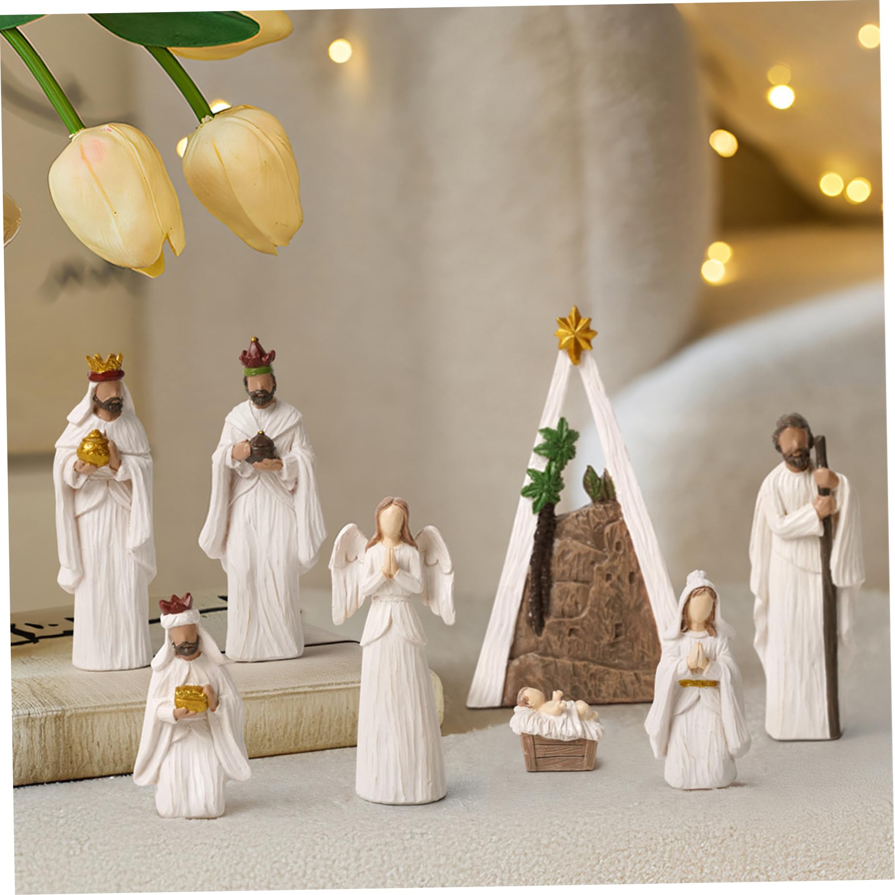 Ensemble de crèches de Noël (8 pièces) - Figurines crèche Modernes en résine Blanche - Ornements Religieux Table - Objets Collection pour décorations Noël