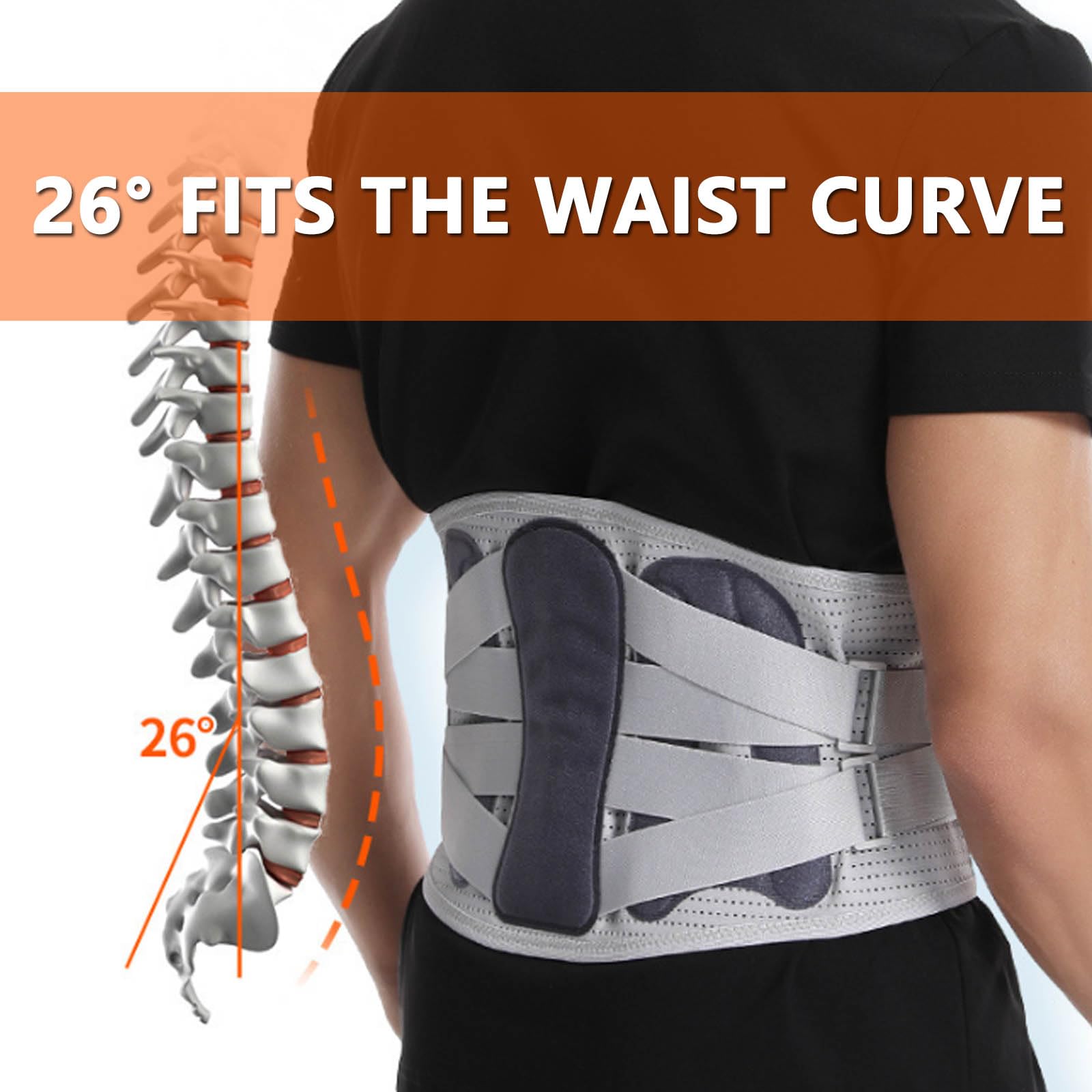 Faja Lumbar, 4 Placas de Acero curvadas, 3 Accesorios, Correas compresión Dobles, Tejido Transpirable, cinturón Soporte Lumbar XL(M)