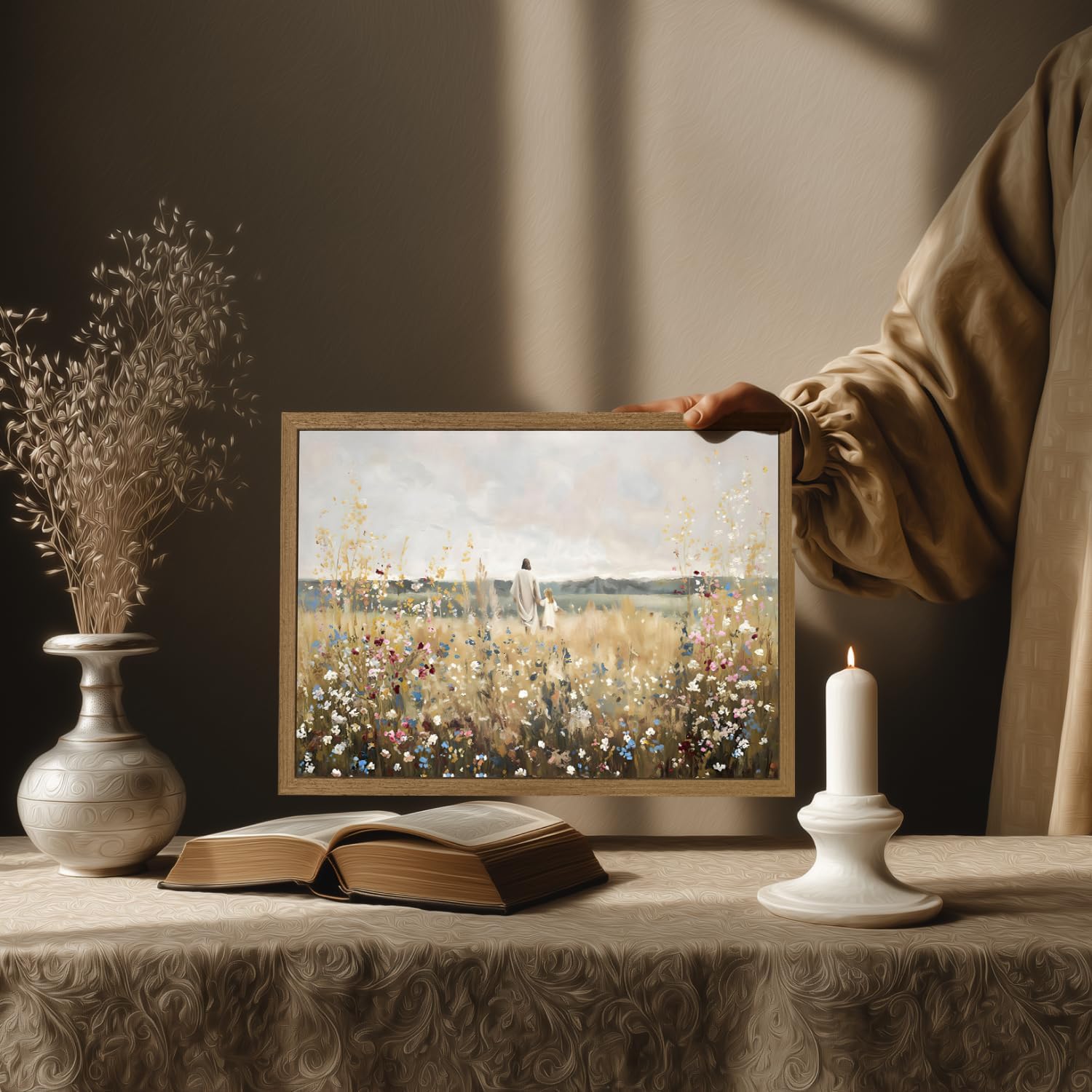 EisEver Jesus Walking with Girl Wall Art, Inspirational Christian Faith Decor, Rustic Wildflower Meadow Canvas Painting, Biblical Landscape Artwork or Church Kids Room Wood Framed 16x24 Inch