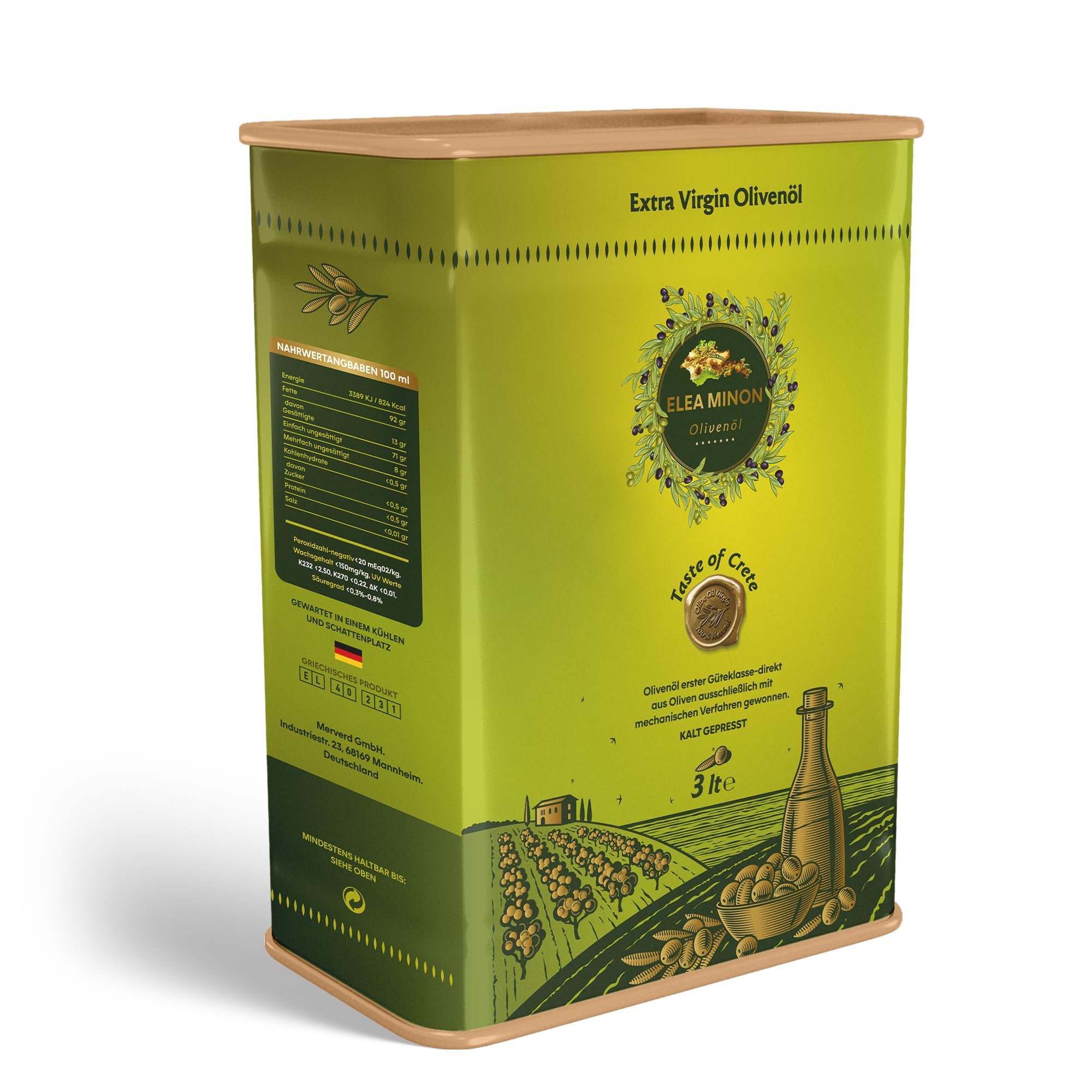 Elea Minon Olio extravergine di oliva | 3 litri - Tanica con beccuccio | dall'isola greca di Creta | Olio d'oliva greco di Creta | Cold Pressed Extra Virgin Olive Oil