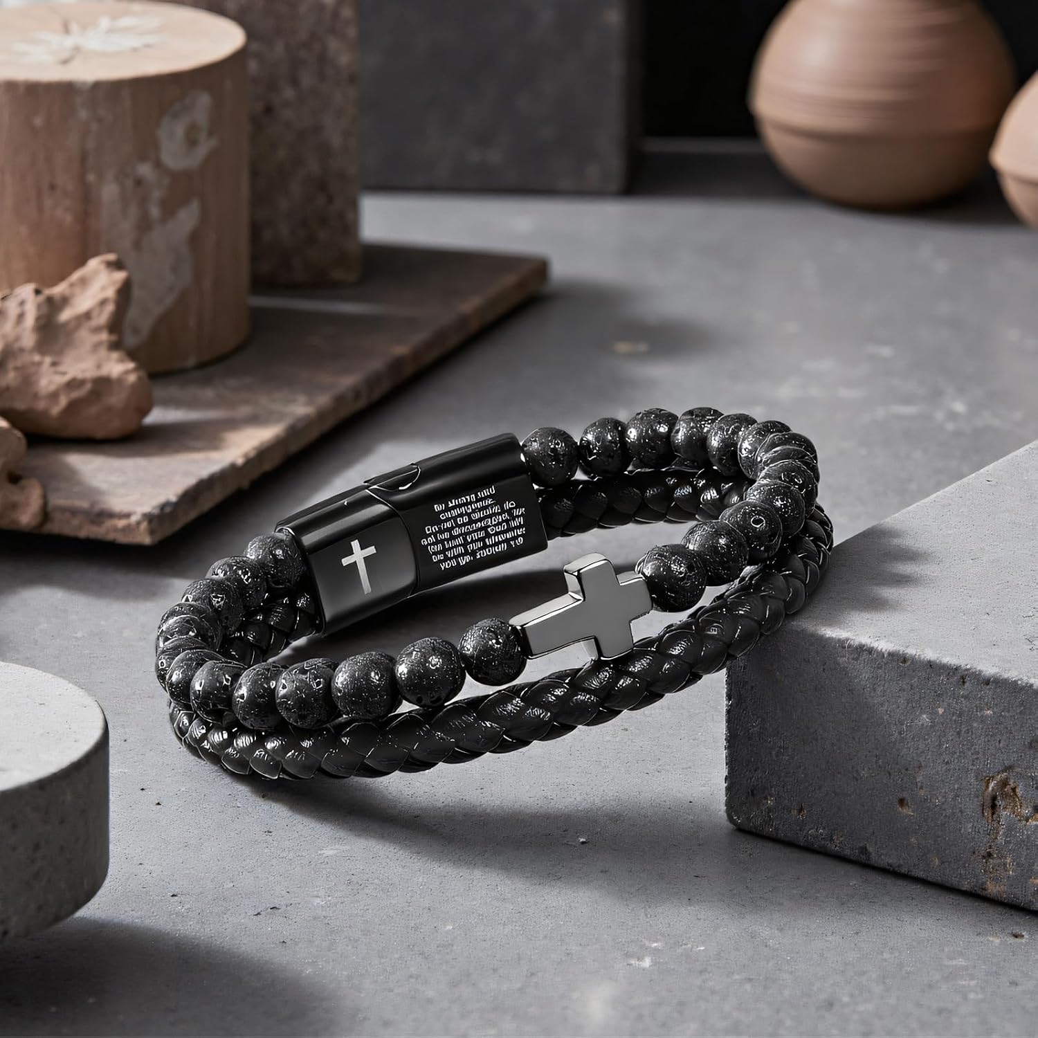 Mens Lava Stone Cross Christian Bracelet, Inspirational Bible Verse Bracelet, Black Leather Bracelet - Men Jewelry Gift for Dad, Husband, Son, Boyfriend & Friends on Birthdays, Anniversaries, Valentine's Day, Easter & Christmas