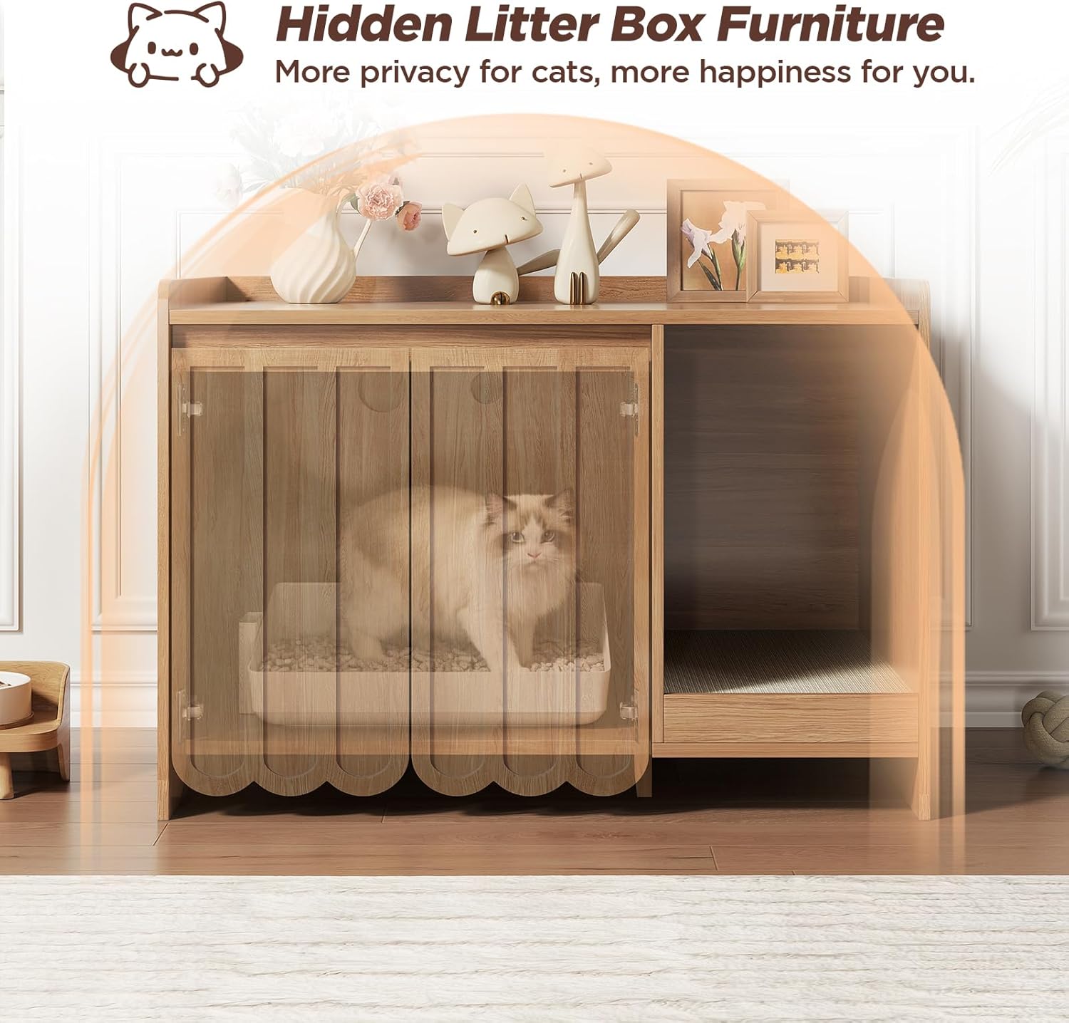 Cat Litter Box Enclosure with Scratch Pad, Hidden Litter Box with Soft-Close Hinges, Modern Fluted Cat Litter Box Furniture, Dog Proof Litter Box Cabinet, Side Table, Natural