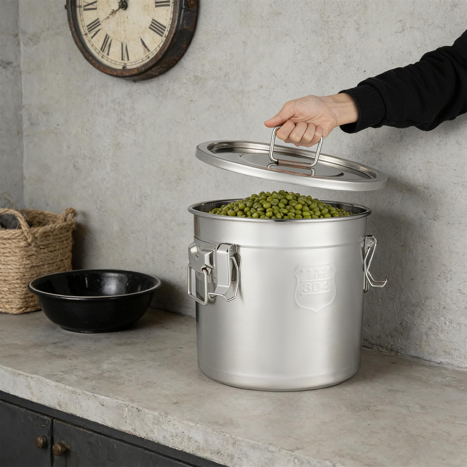 Luftdichte Dose aus Edelstahl, 21 l, 304, lebensmittelecht, 3 Clips mit Silikondichtung, lange Haltbarkeit für Kaffee, Tee, Mehl, Zucker, Reis, Haus, Restaurant, Silber, 30 x 30 cm
