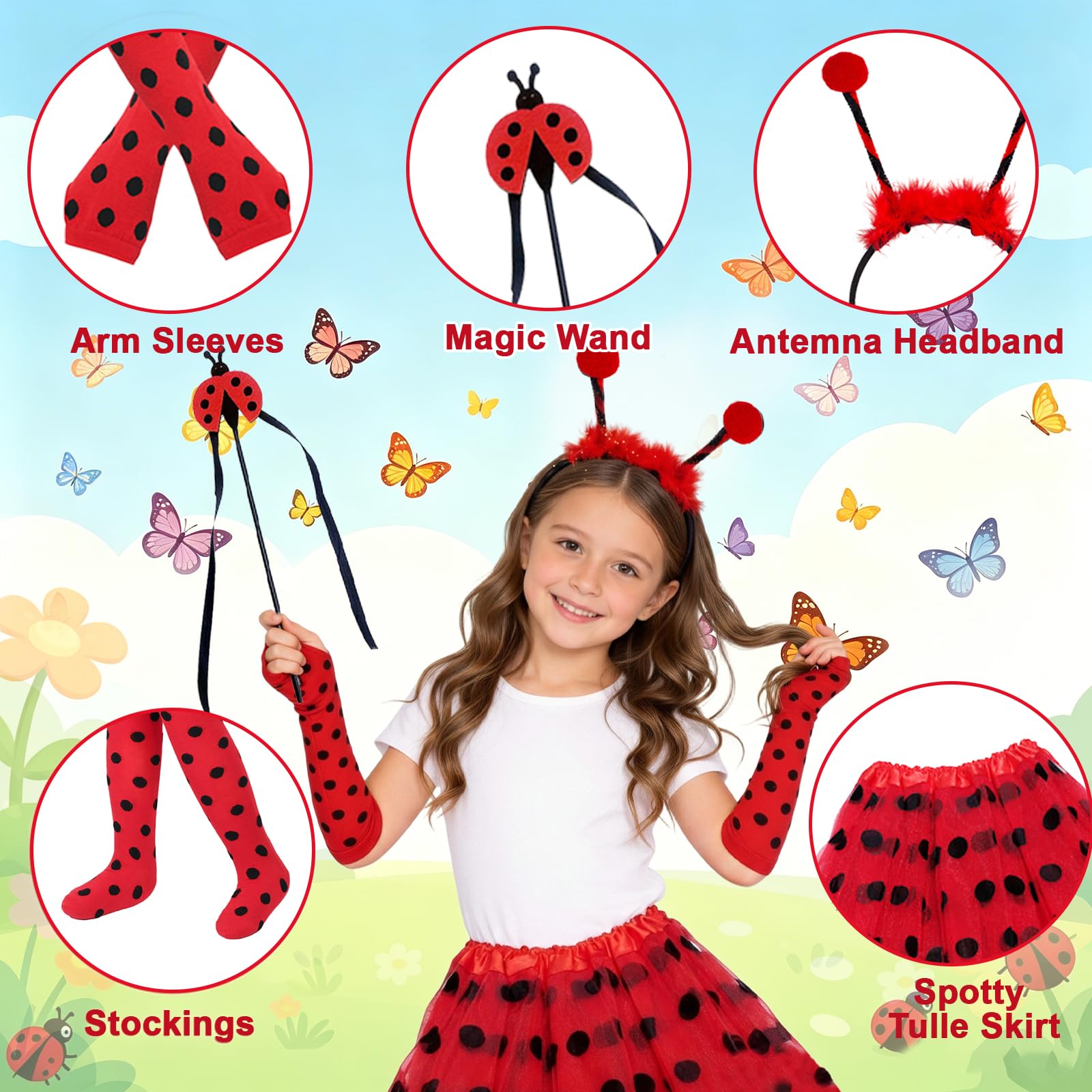 Ladybird Costume Girls 3-7Y, Polka Dot Tutu + Arm Covers + Leg Warmers+Ladybird Headband+Magic Wand - Image 5