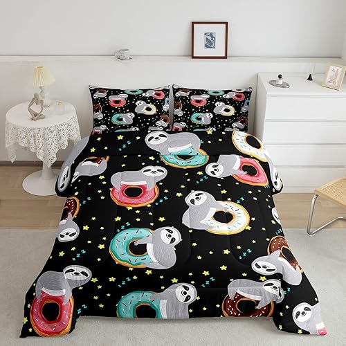 Miniatura 2 de Juego de ropa de cama de perezoso de dibujos animados para niños y niñas, juego de edredón estampado de rosquillas con estrellas con purpurina,