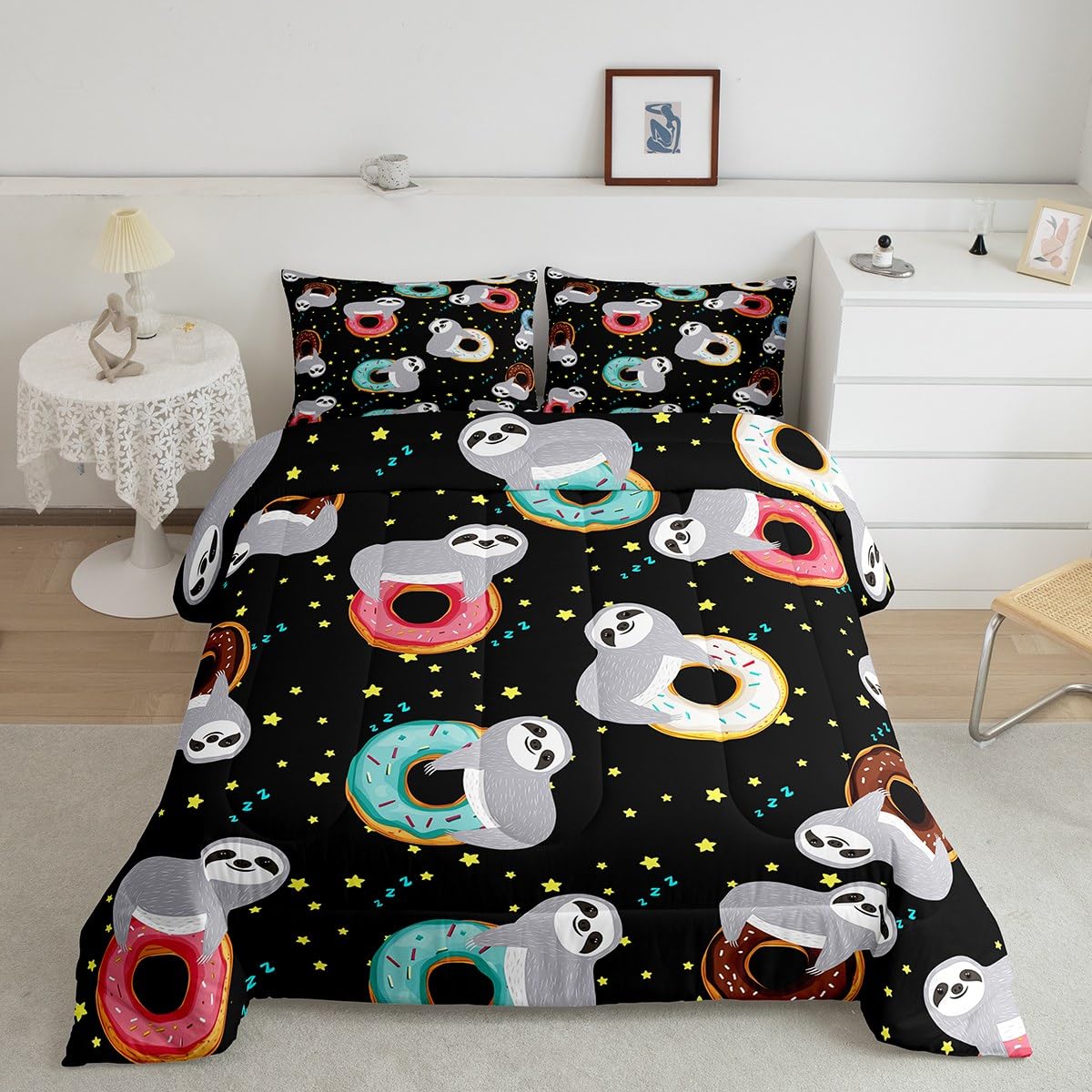 Cartoon Sloth Comforter Set for Kids Boys Girls,Sprinkles Donut Printed Bedding Set with Glitter Stars,Sweet Dessert Food Quilt Set,Funny Sloth Microfiber Duvet Insert with 2 Pillowcase,Full
