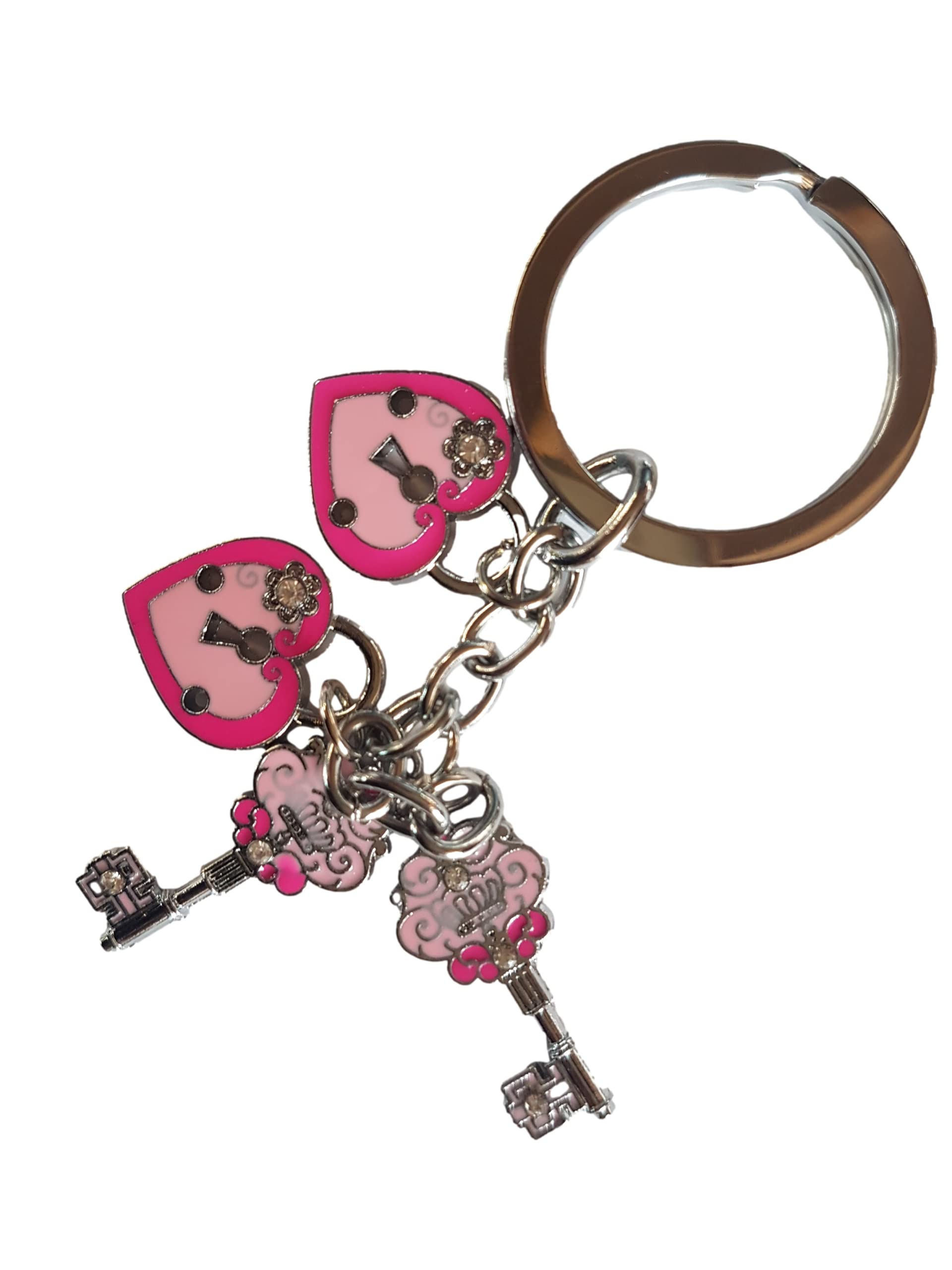 Fat-Catz-Copy-Catz Women's Pink Novelty Diamonte Lock Love Hearts & Keys Enamel Keyring