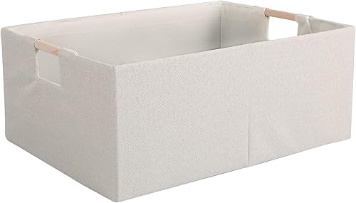 LaMorée Caja de almacenamiento de tela plegable de algodón y lino con asas de madera, cubo rectangular, decorativo, para el hogar, cuarto del bebé,