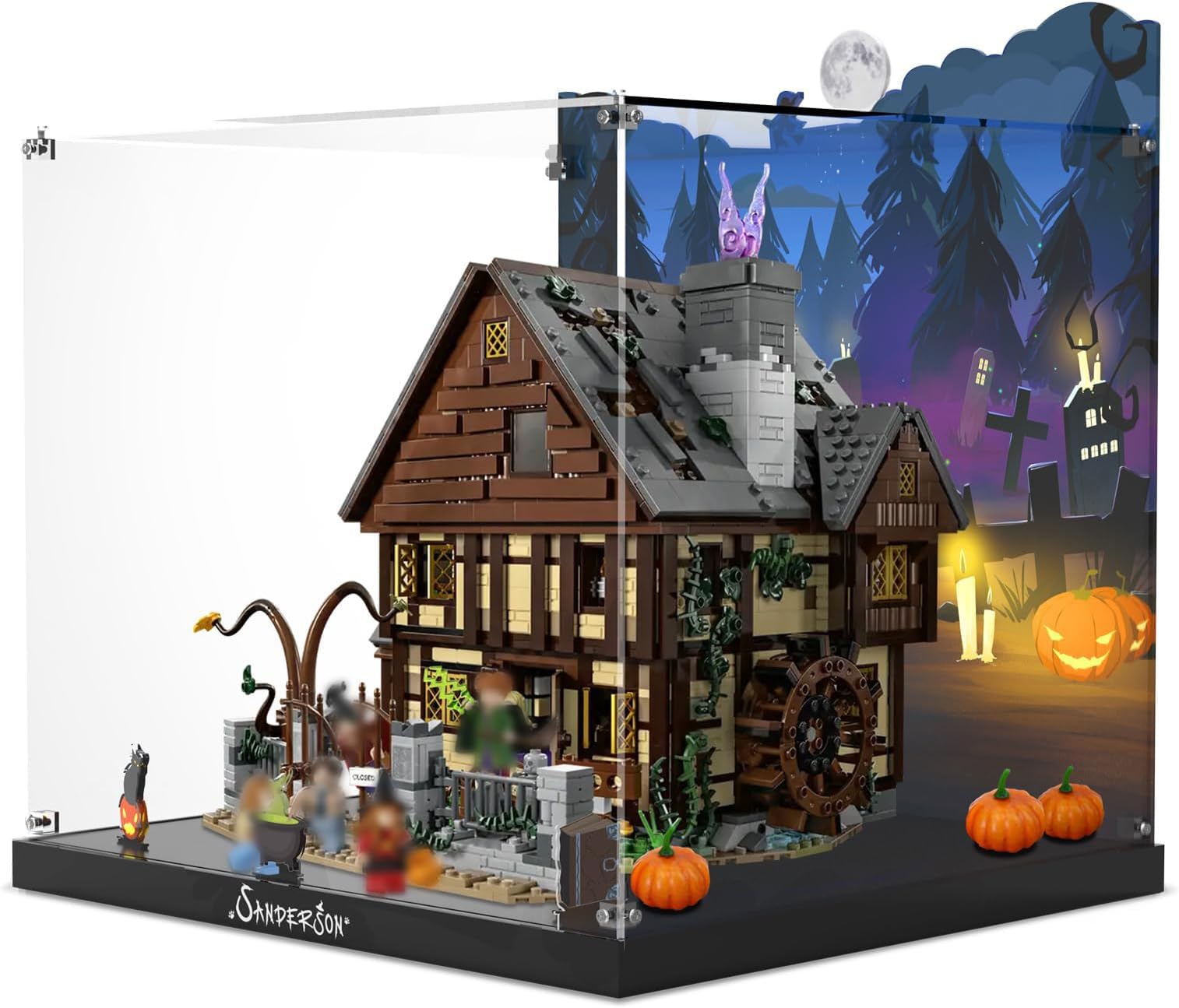 NAOCARD Acrylic Display Case for Lego 21341 Disney Hocus Pocus: The Sanderson Sisters' Cottage Building Bricks, Dustproof Display Box, Customized Decorative Box & HD Painted Background
