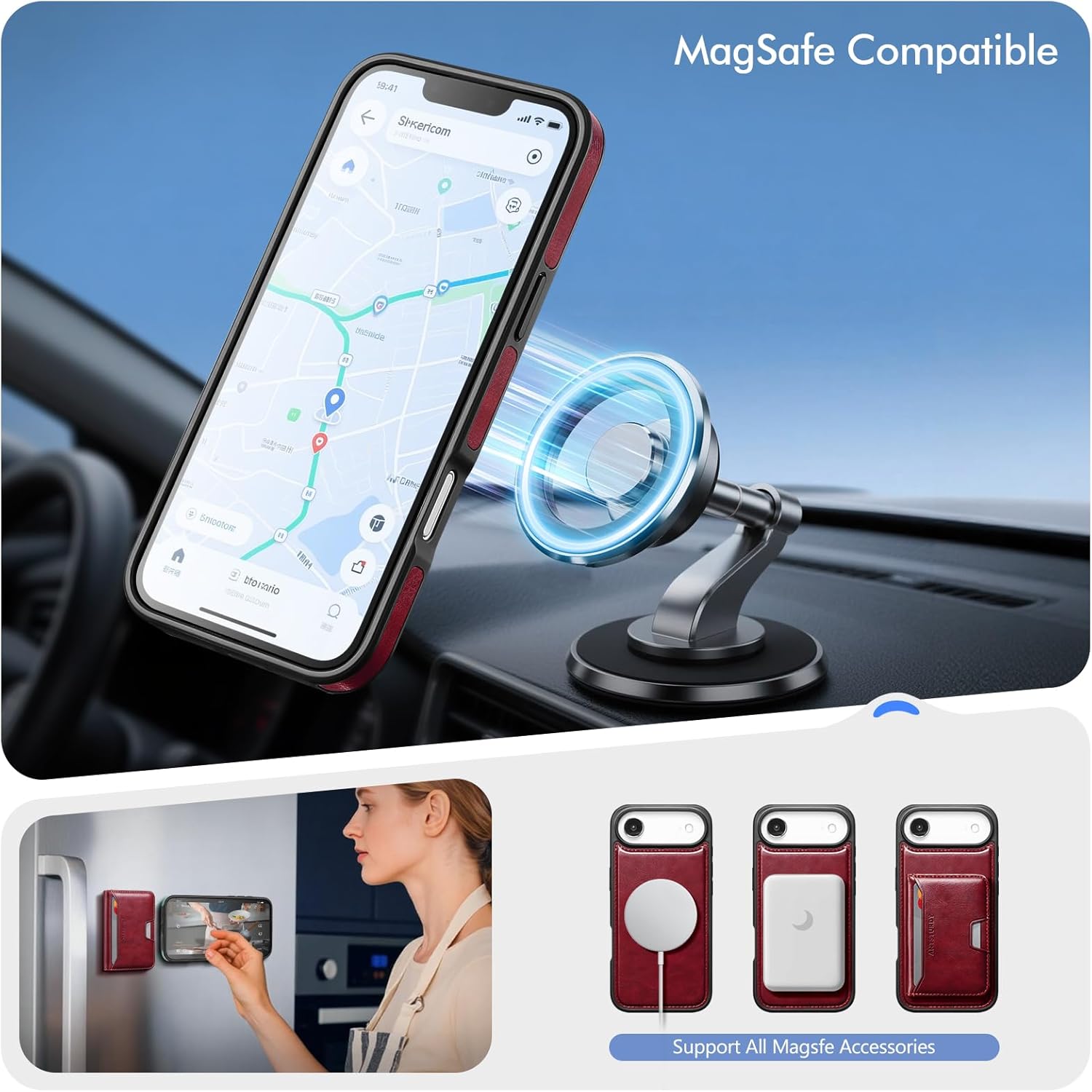 Antsturdy Compatible with MagSafe 2 in 1 Detachable Magnetic iPhone 17 Air Case Wallet Holder,PU Leather RFID Blocking Credit Card Slots Flip Protective Cover Kickstand for Men Women,Wine Red
