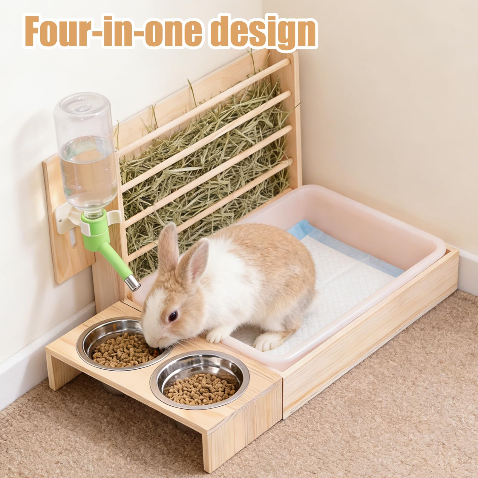 Mangeoire à Foin pour Lapin en Bois 4 en 1, Râtelier et Abreuvoir pour Petit Animal