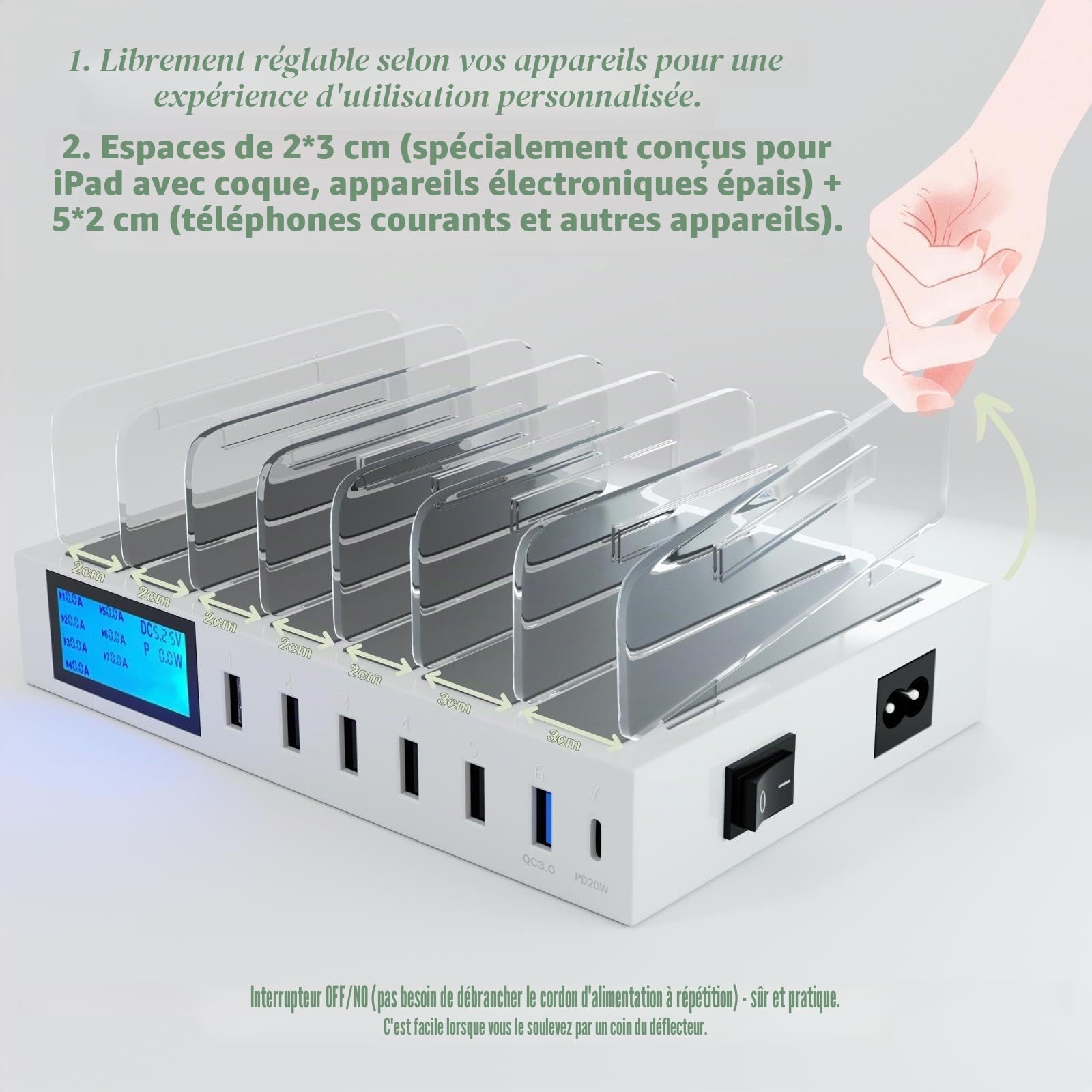 Station de charge rapide PD20W QC3.0 multi-ports USB, station de charge 7 en 1 pour plusieurs appareils avec écran LCD compatible avec iPhone, iPad, Samsung, Huawei et plus encore