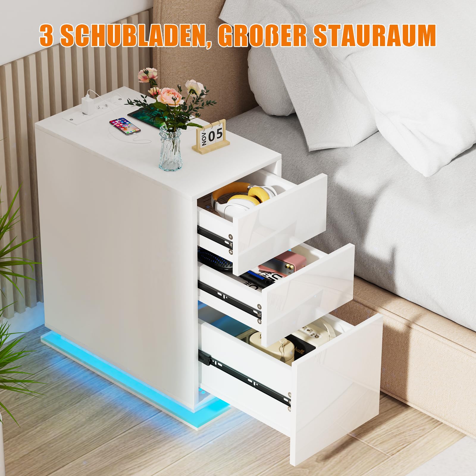 Nachttisch Schmal 2er Set, Nachttisch Weiß Hochglanz mit LED, Einstellbare 16 Farben, 2 AC Steckdosen, 2 USB Anschlüsse, Beistelltisch Nachtschrank für Schlafzimmer Wohnzimmer