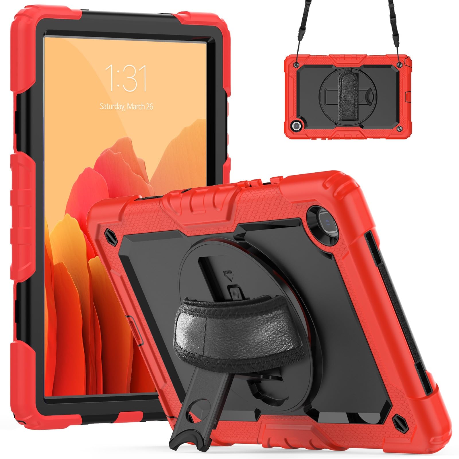 Kompatybilny z Samsung Galaxy Tab A7 10,4 cala SM-T500/T505 (2020) Etui folią ochronną ekranu, [podpórka] [pasek na ramię] Odporna wstrząsy wytrzymała obudowa 360° obrotowy pasek rękę i ramię(Rosso)
