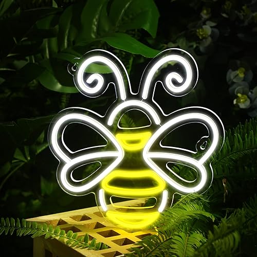 Woanger Letrero de lámpara de neón de abeja, decoración de pared de abeja de miel, letrero de luz LED amarilla y blanca, lámparas de neón de