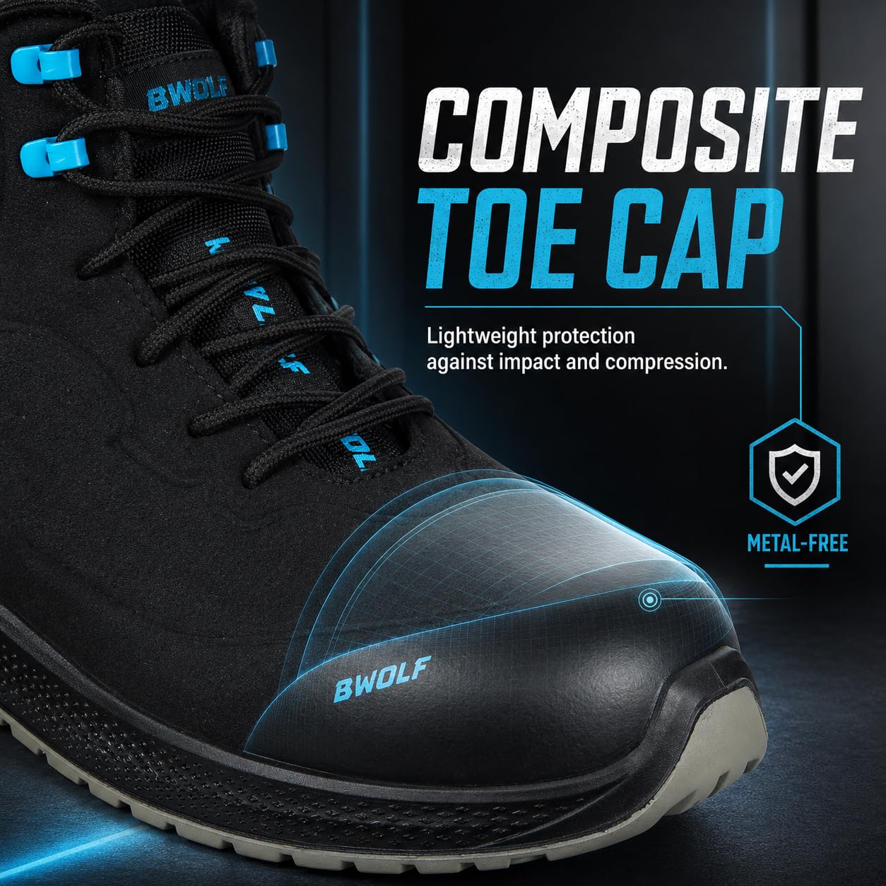 BWOLF Noir HIS3S Scarpe antinfortunistiche da uomo ESD – Scarpe da lavoro dal taglio alto con cappuccio composito e protezione anti-penetrazione in kevlar impermeabile, olio e antiscivolo