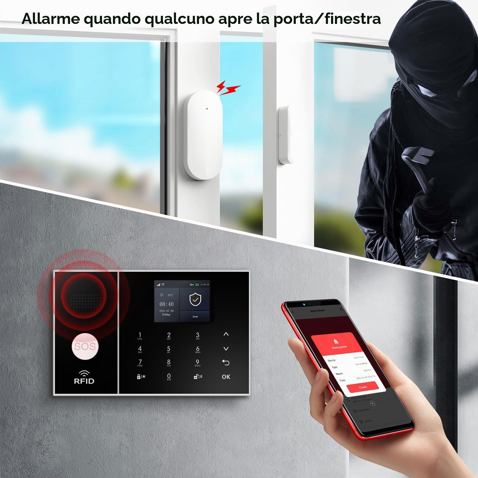 XNY Allarme Casa Wifi, Antifurto Casa wireless, Kit Allarme Casa Senza Fili 4G con APP Alert, Rilevatore di Movimento, Sensore Finestra Porta, Telecomando, Sirena (PG-108-4G-F)