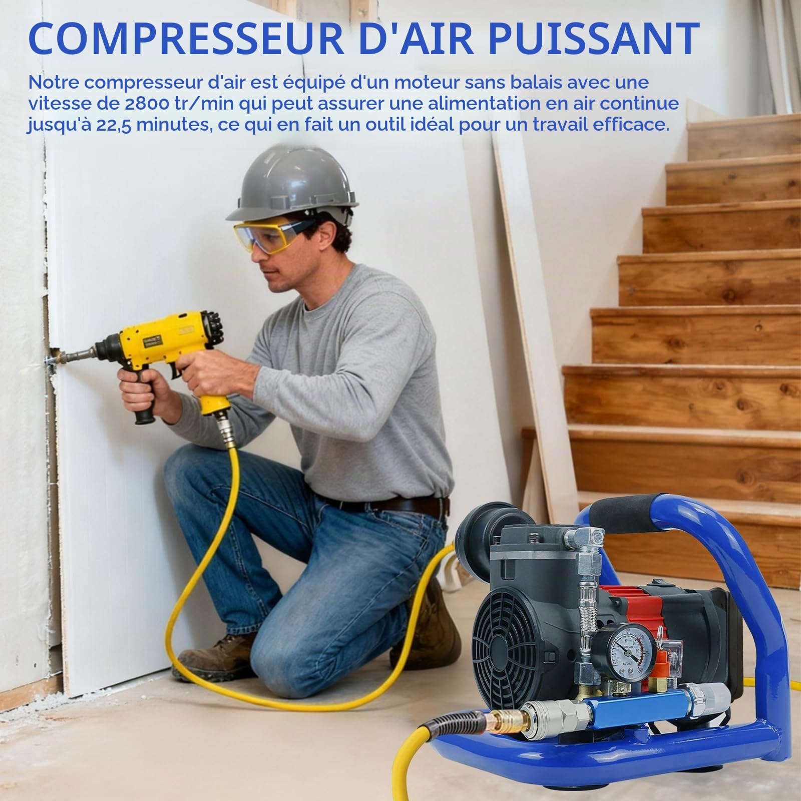 Compresseur Sans fil, Compresseur d'air Portable Pression Maximale 8 Bar, Capacité de Bouteille de Gaz de 1,5 L, Gonflage Rapide pour Outils Pneumatiques, Inclus Batterie e Chargeur